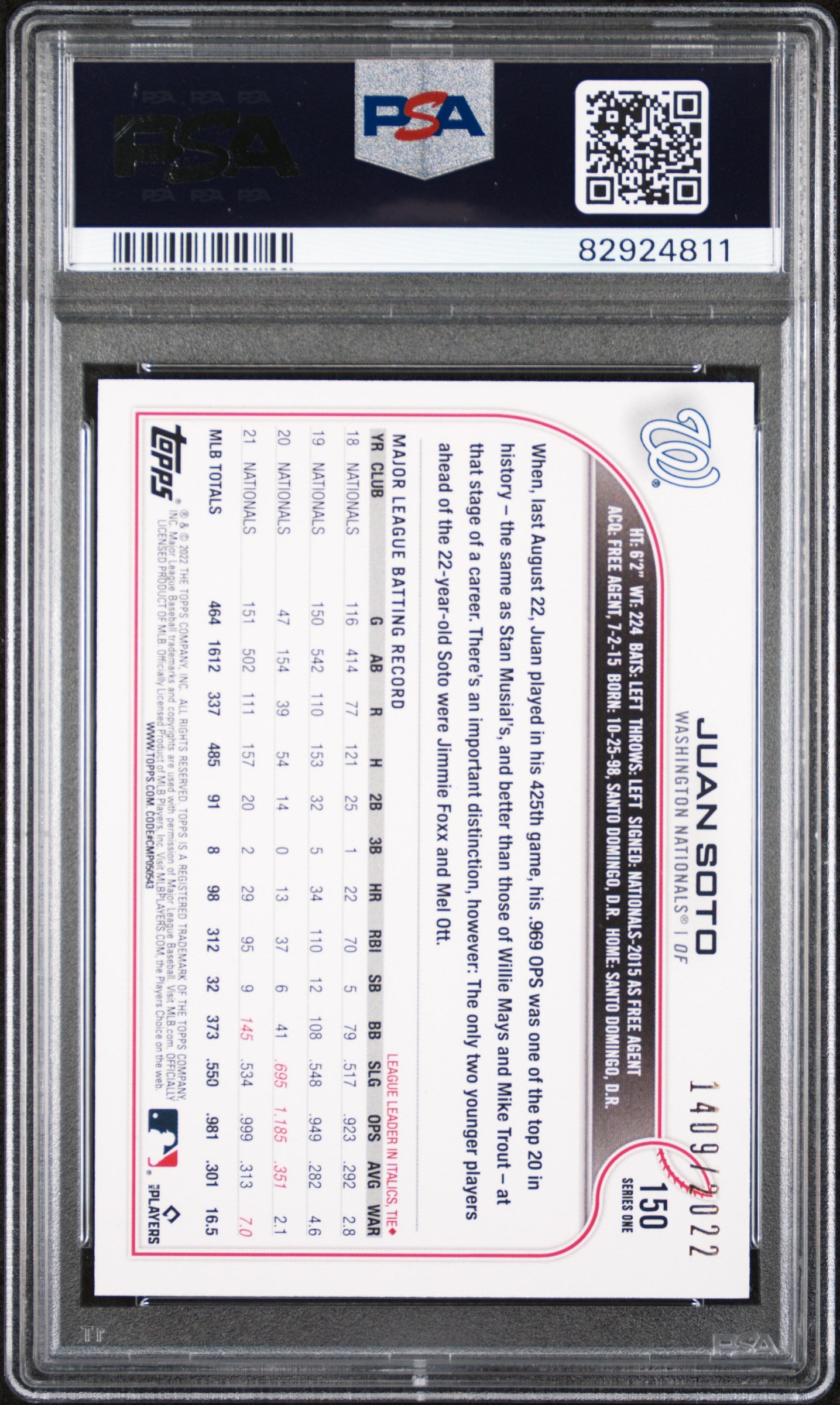 2022 Topps #150 Juan Soto Gold /2022 PSA 9