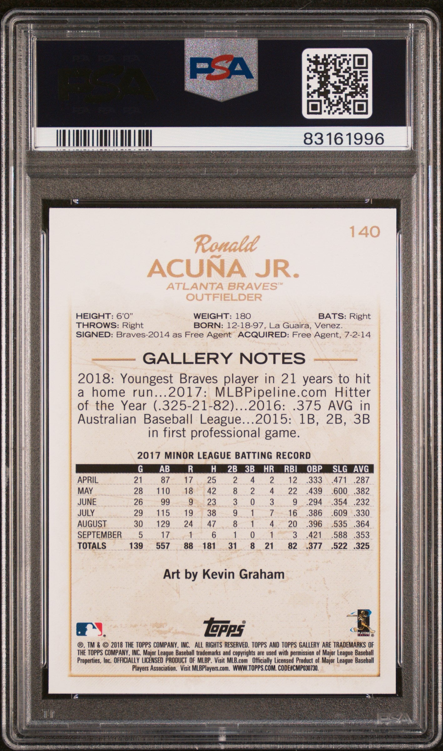 2018 Topps Gallery Ronald Acuna Jr. #140 Rookie RC PSA 9