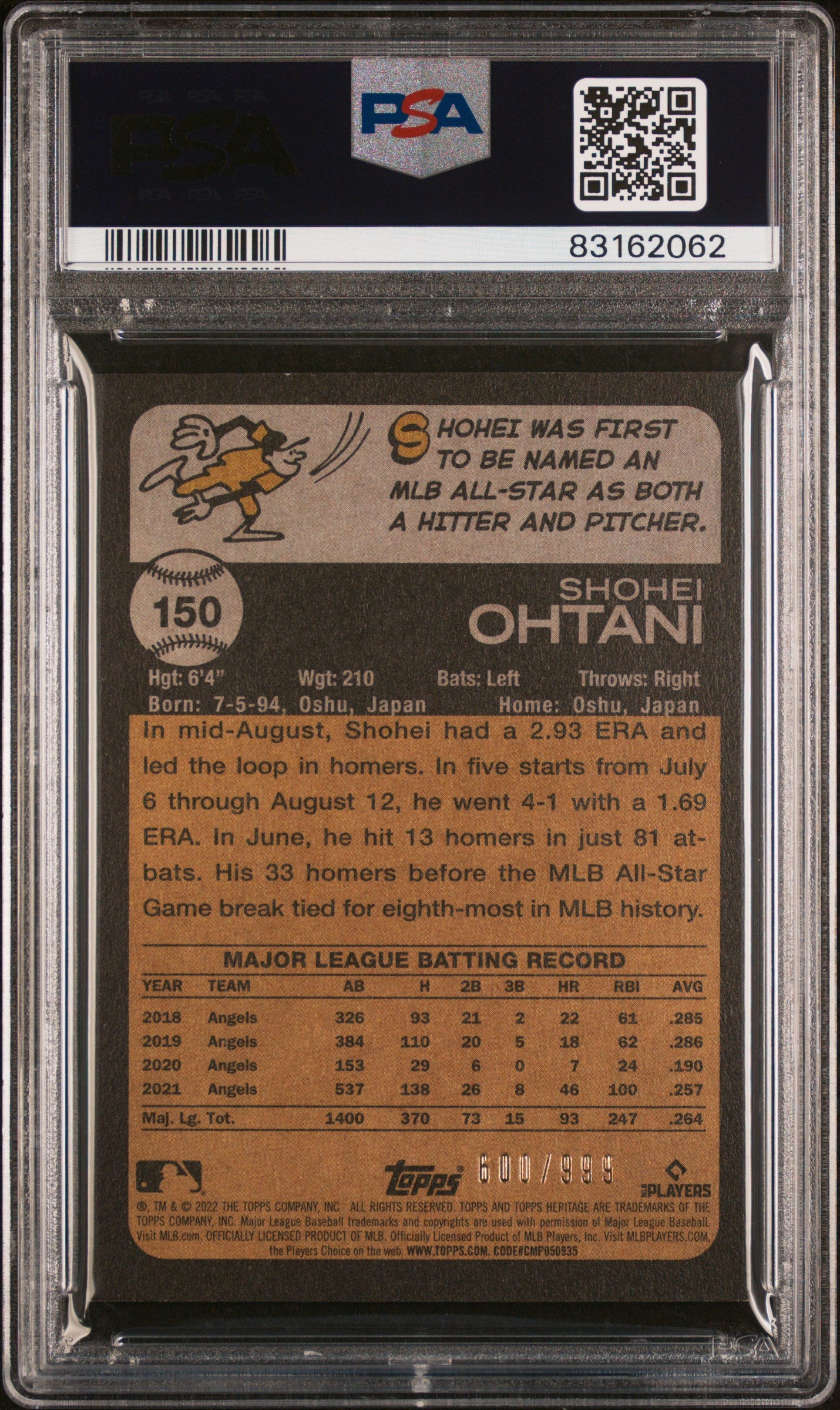 2022 Topps Heritage Chrome Shohei Ohtani SP #150 /999 PSA 8