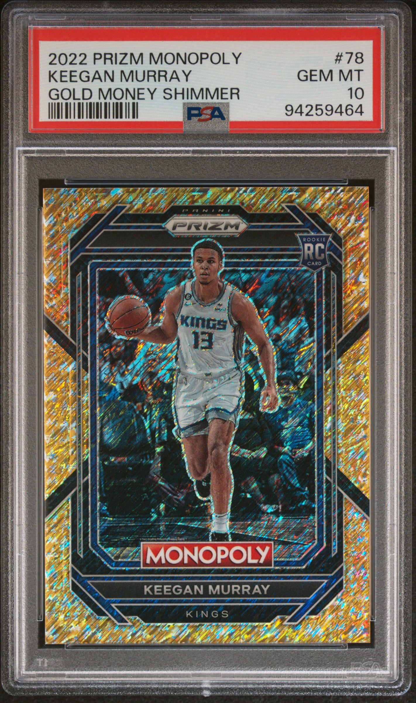 2022 Panini Prizm Monopoly Gold Money Shimmer Keegan Murray /500 RC PSA 10