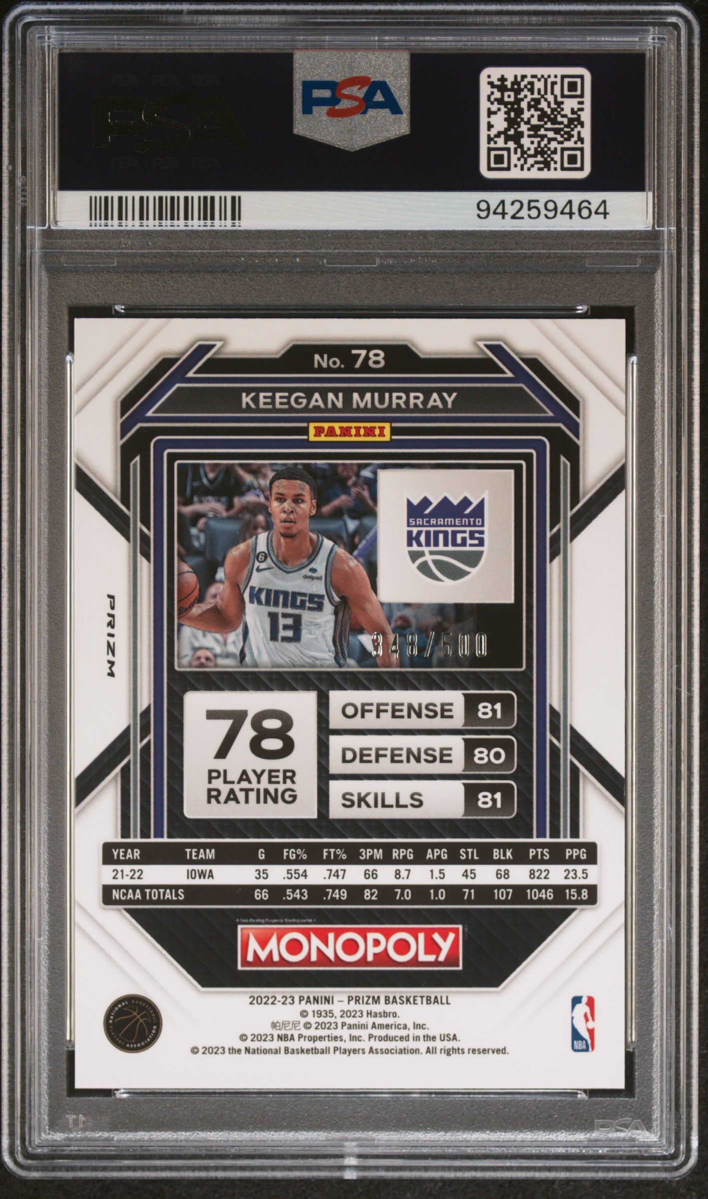 2022 Panini Prizm Monopoly Gold Money Shimmer Keegan Murray /500 RC PSA 10