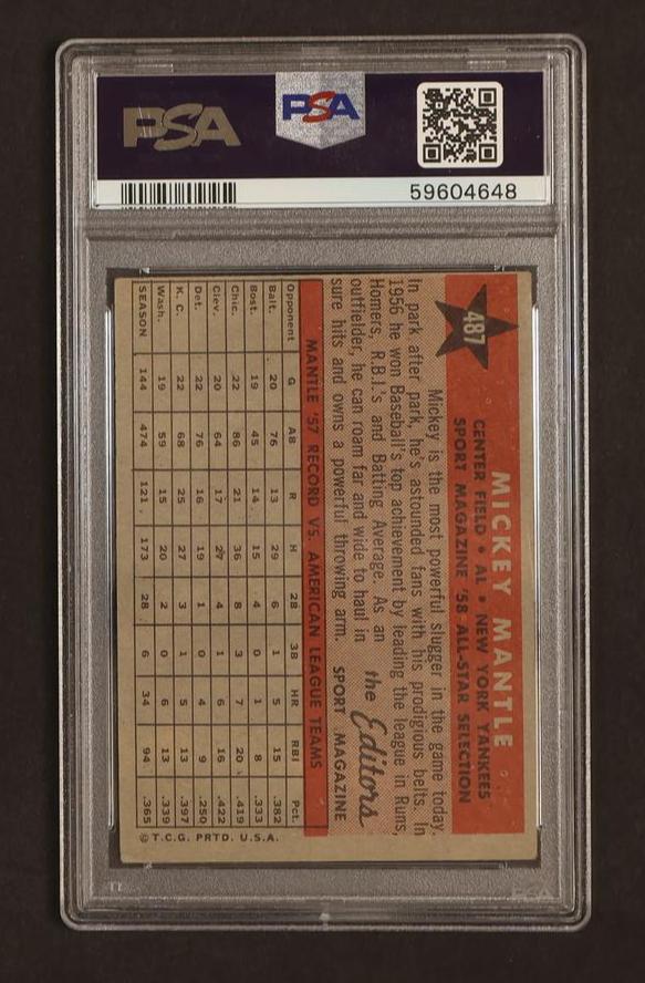 1958 Topps 487 Mickey Mantle All Star PSA 2.5 GOOD+