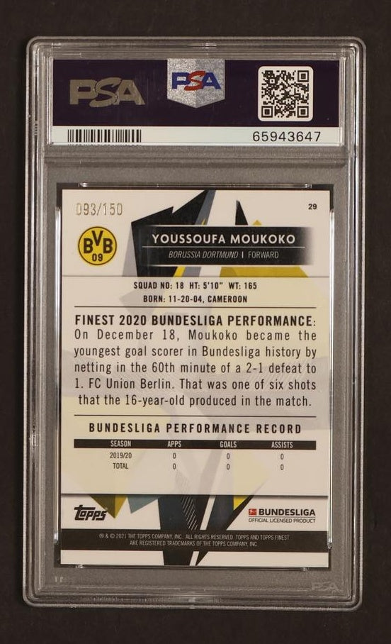 2020 Topps Finest Bundesliga Blue Wave Refractor Youssoufa Moukoko #29 /150 PSA 10