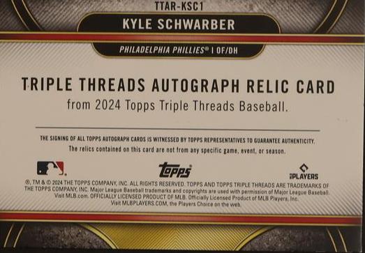 2024 Topps Triple Threads Autograph Relic Kyle Schwarber #TTAR-KSC1 Patch Auto