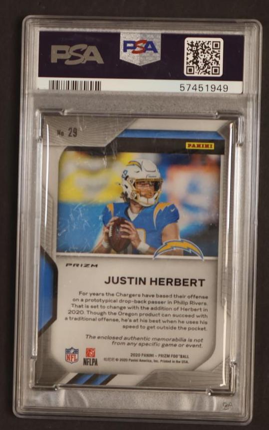 2020 Panini Prizm Premier Jerseys Relics Justin Herbert #29 RC Jersey PSA 9