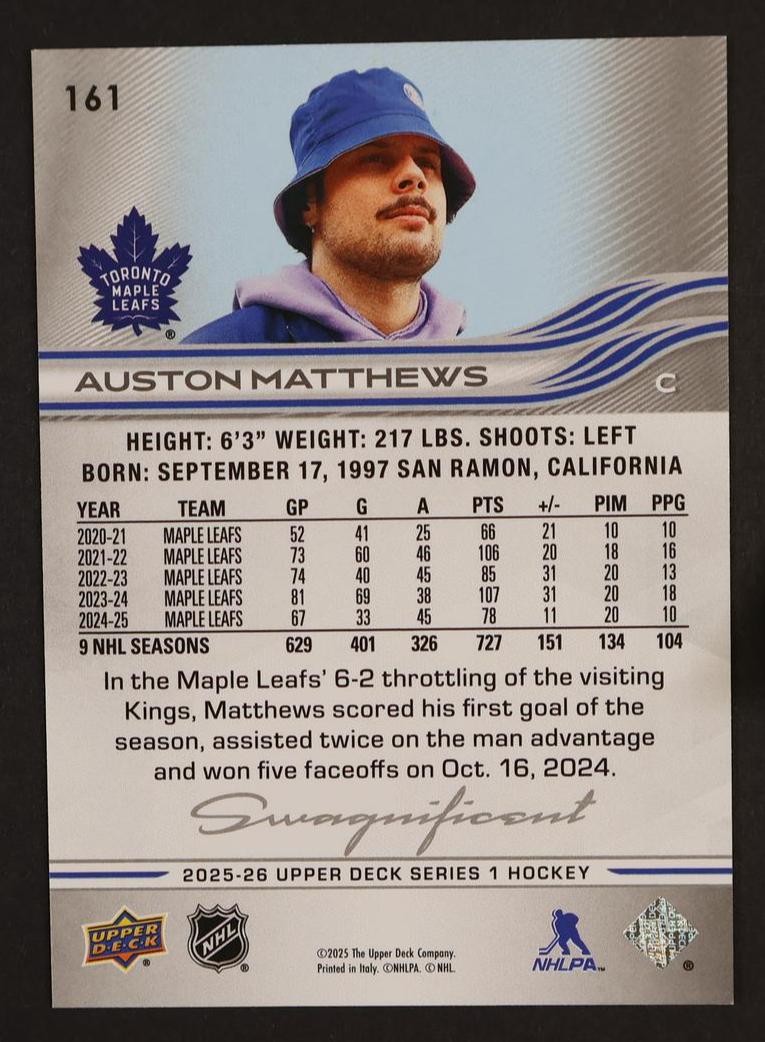 2025 Upper Deck Series 1 Swagnificant Auston Matthews #161