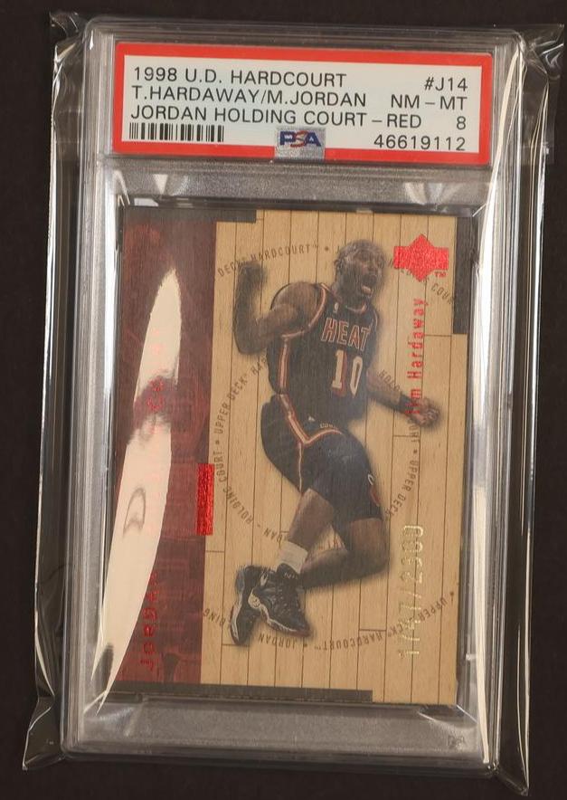 1998 UD Hardcourt Jordan Holding Court Red M Jordan/T Hardaway #J14 /2300 PSA 8