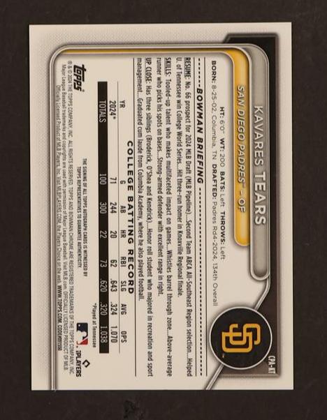 2023 Bowman Chrome Kavares Tears Purple Rookie /250 San Diego Padres Auto