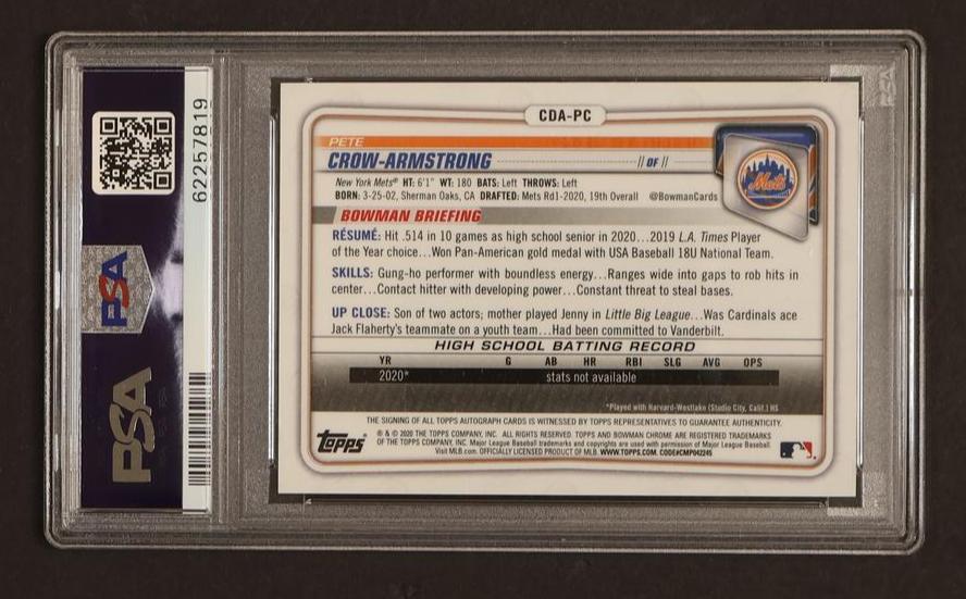 2020 Bowman Draft Chrome Autograph Pete Crow-Armstrong #CDAPC PSA 9