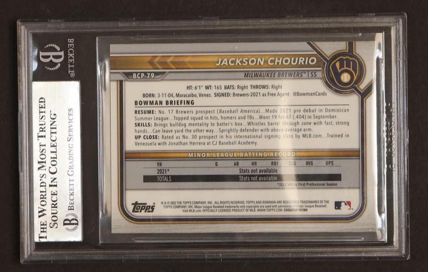 2022 Bowman Chrome Sapphire Prospect Jackson Chourio #BCP79 BGS 9