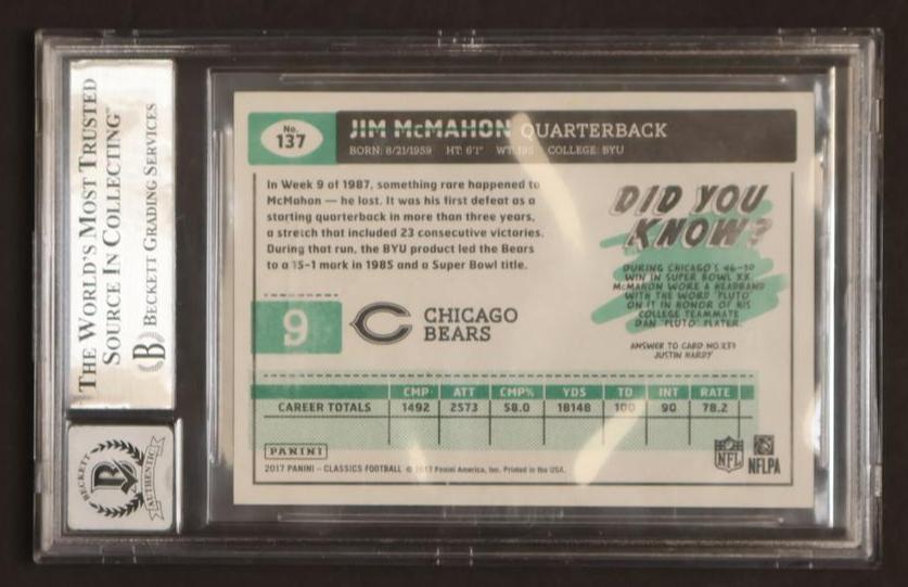 2017 Panini Classics Jim McMahon #137 Auto BGS Authentic Auto 10