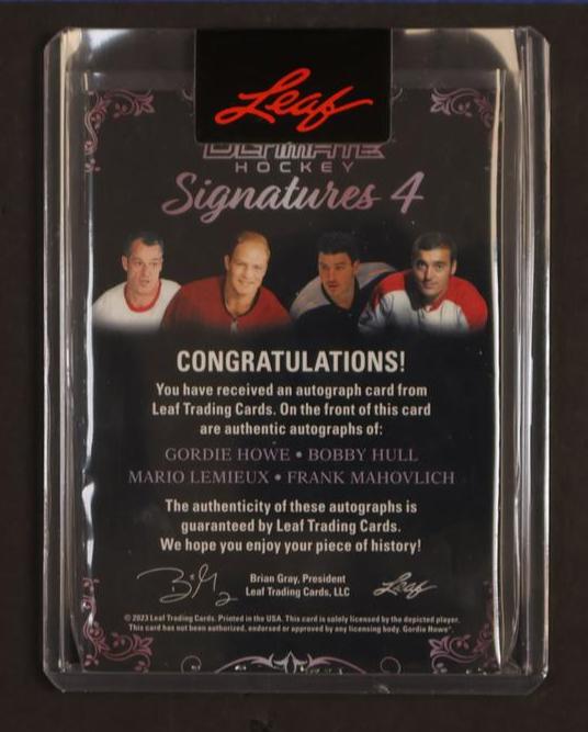 Leaf Ultimate Gordie Howe Bobby Hull Mario Lemieux Frank Mahovlich Signatures 4 /3 Auto