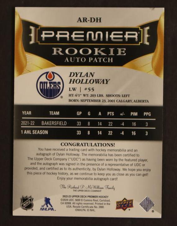 2022-23 Upper Deck Premier Dylan Holloway #AR-DH RC RPA /249