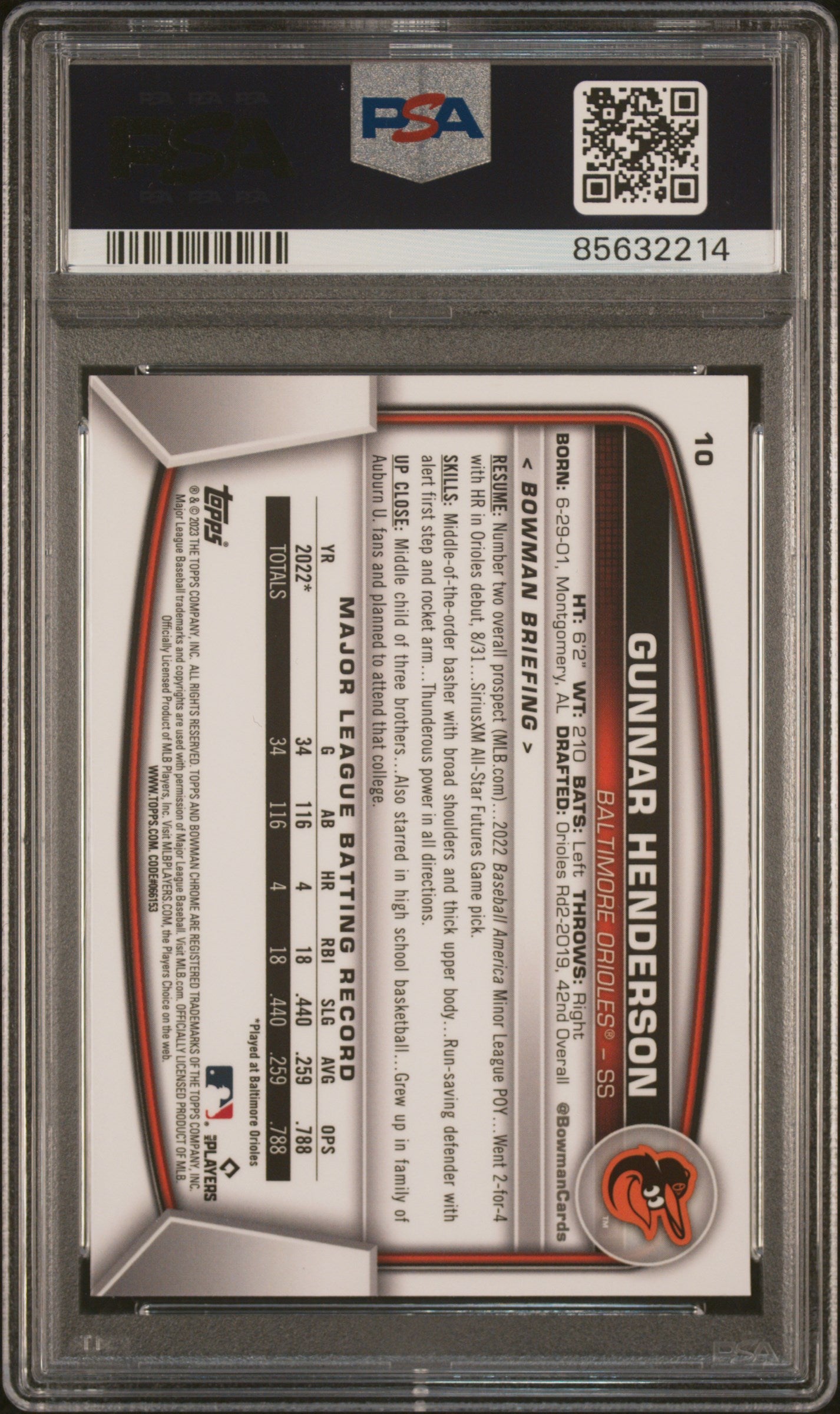 2023 Bowman Chrome Sapphire Gunnar Henderson Rookie RC #10 PSA 10