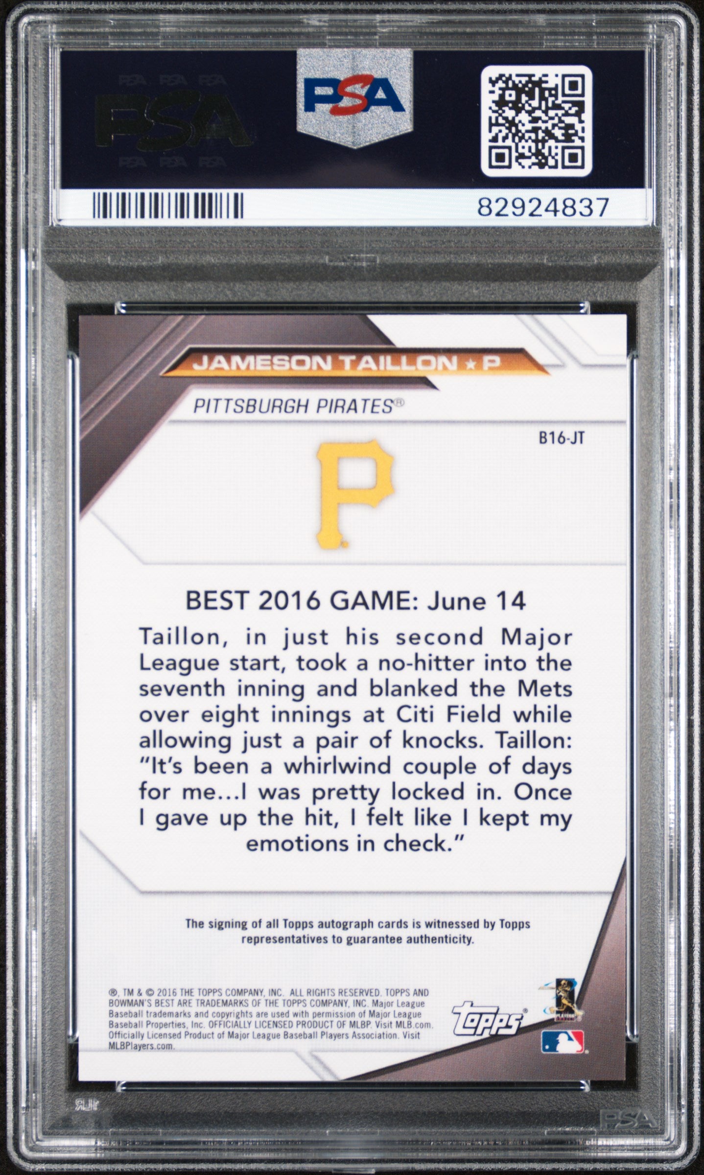 2016 Bowman's Best Green Refractor Jameson Taillon #B16JT RC Auto /99 PSA 10