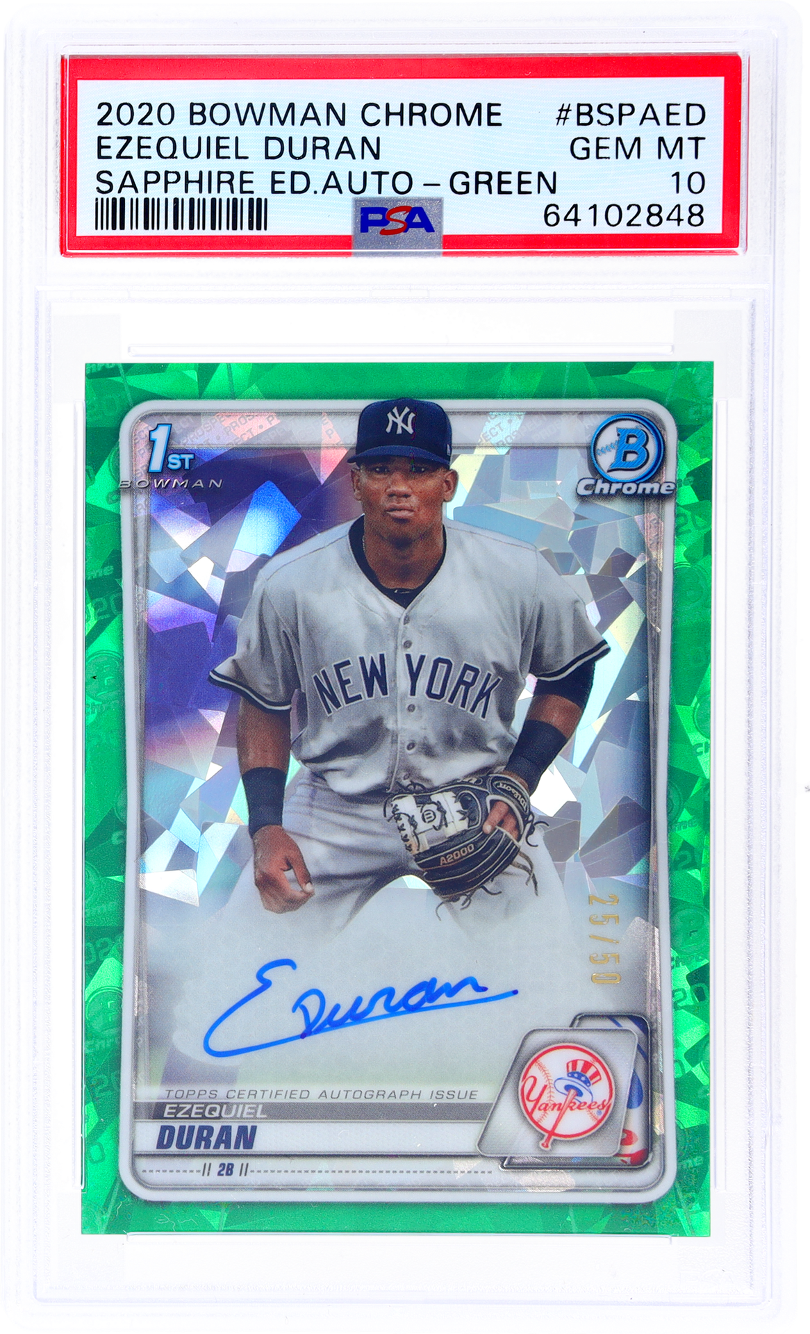 2020 Bowman Chrome Sapphire Prospect Auto Green Ezequiel Duran /50 PSA 10