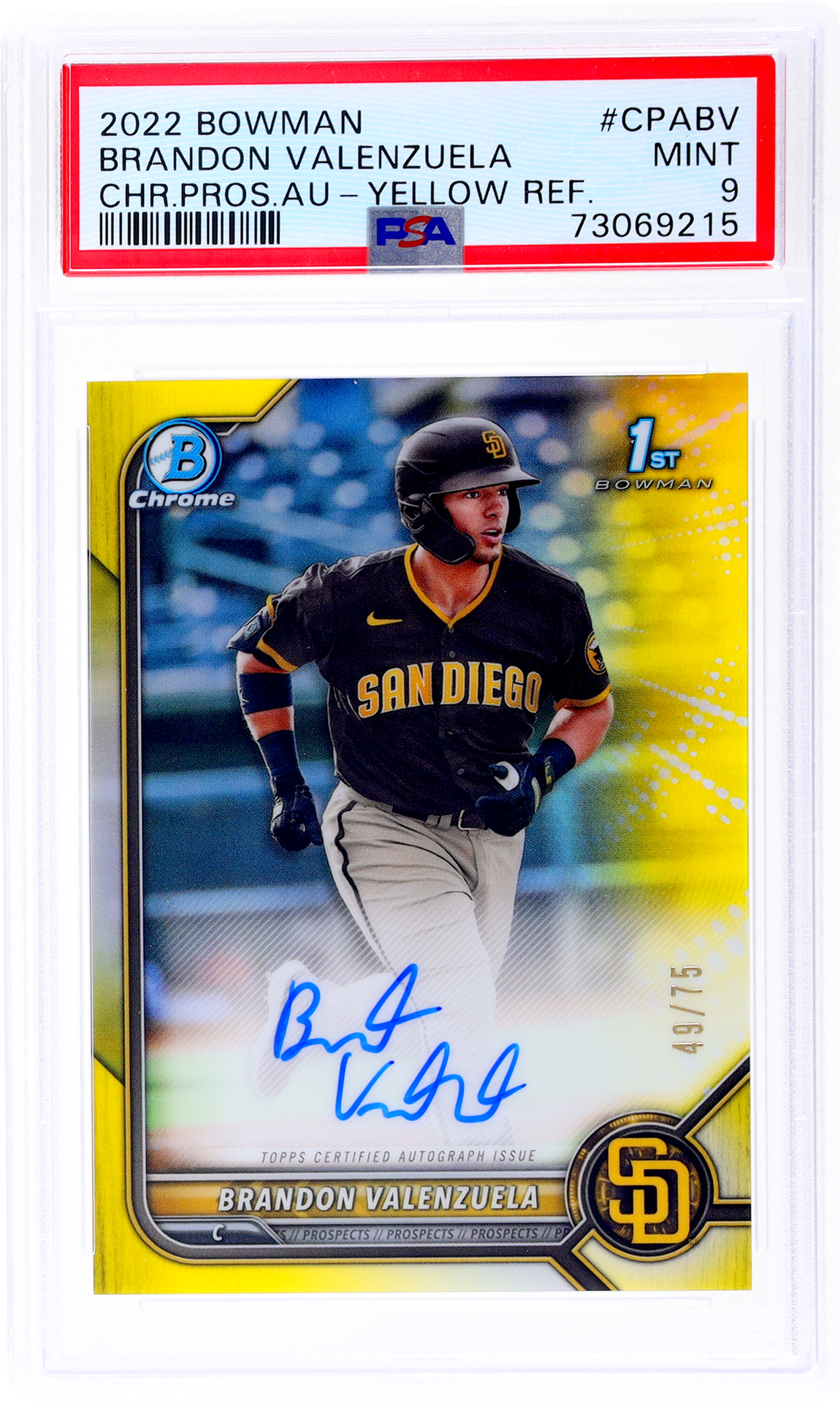 2022 Bowman Chrome Prospect Auto Yellow Refractor Brandon Valenzuela /75 PSA 9