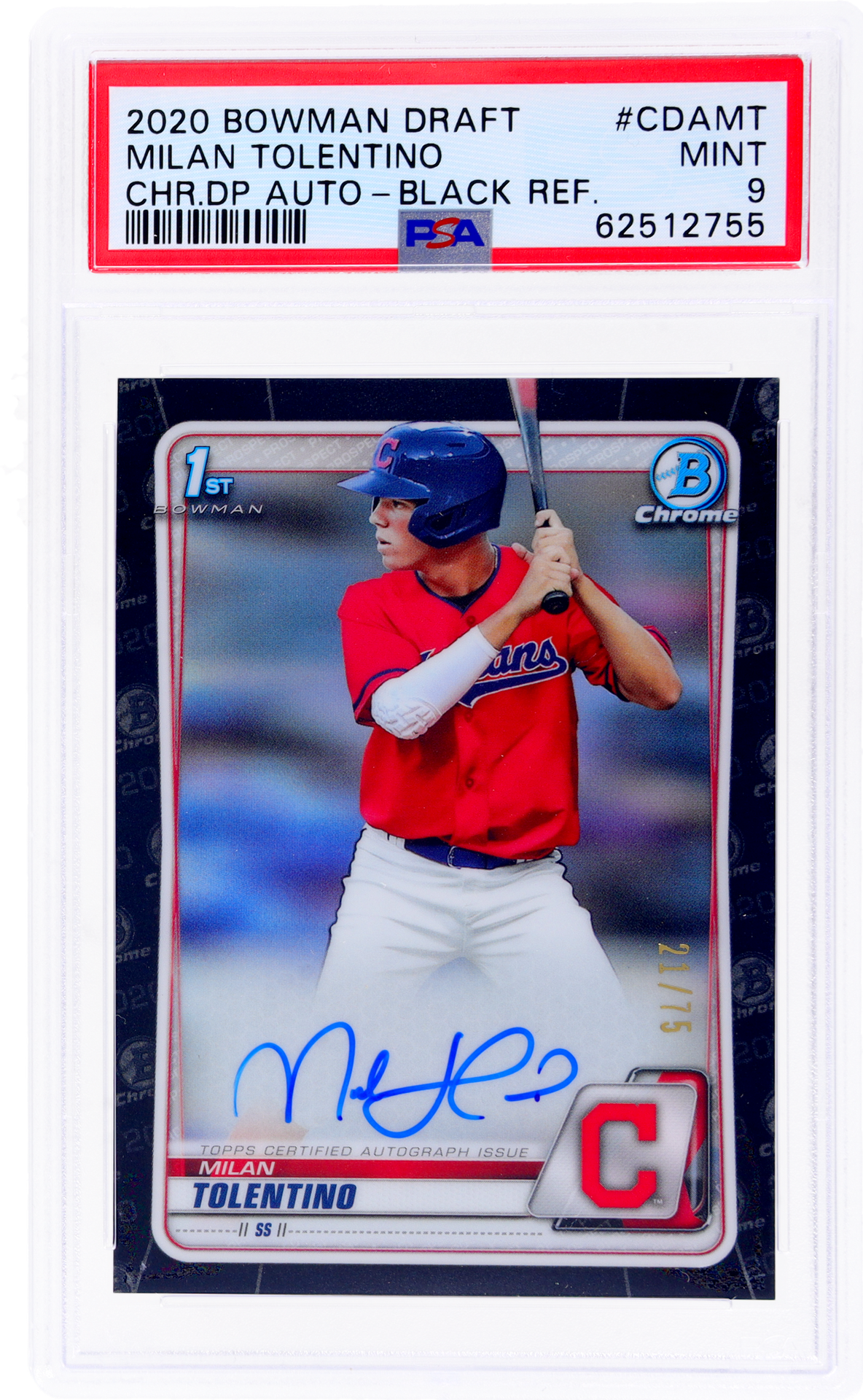 2020 Bowman Draft Chrome Autograph Black Refractor Milan Tolentino /75 PSA 9