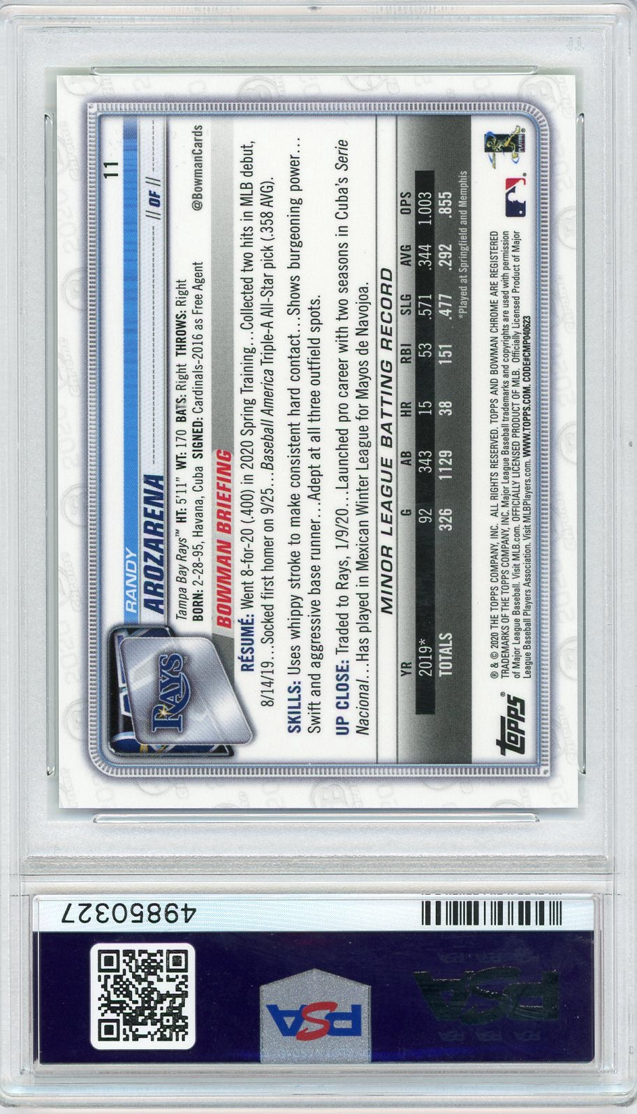 2020 Bowman Chrome X Randy Arozarena #11 PSA 10