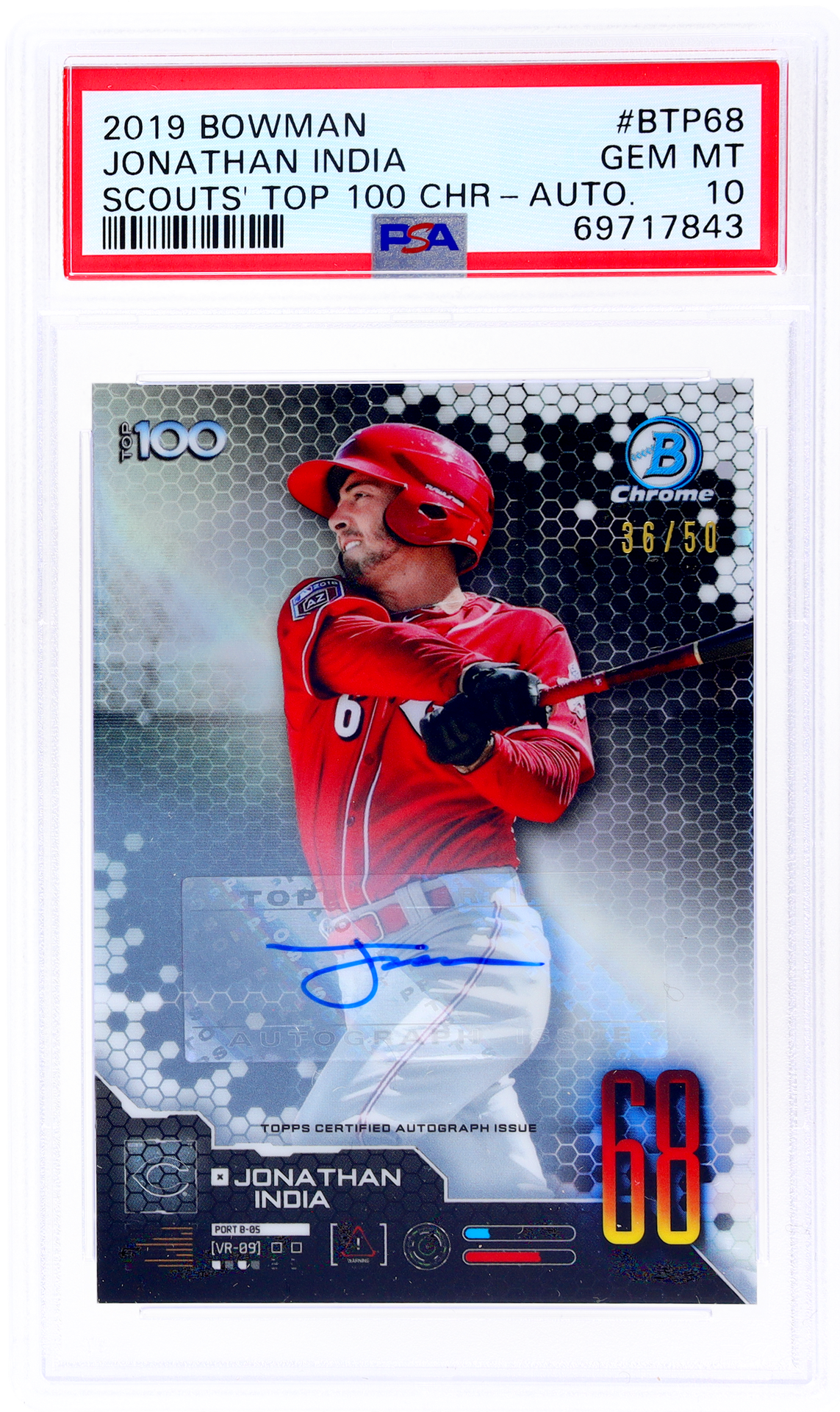 2019 Bowman Chrome Scouts Top 100 Autograph Jonathan India /50 PSA 10