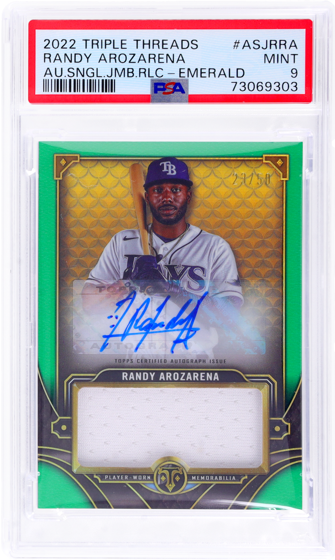 2022 Topps Triple Threads Auto Single Relic Emerald Randy Arozarena /50 PSA 9