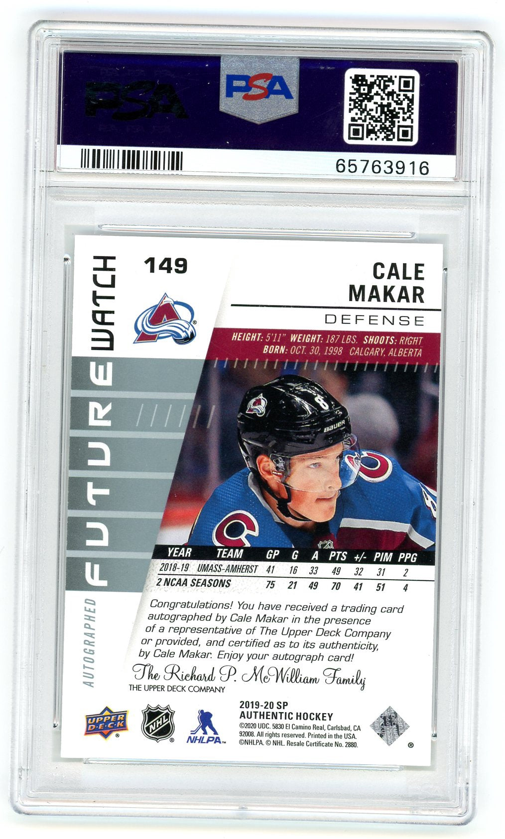 2019 SP Authentic #149 Cale Makar /999 PSA 9