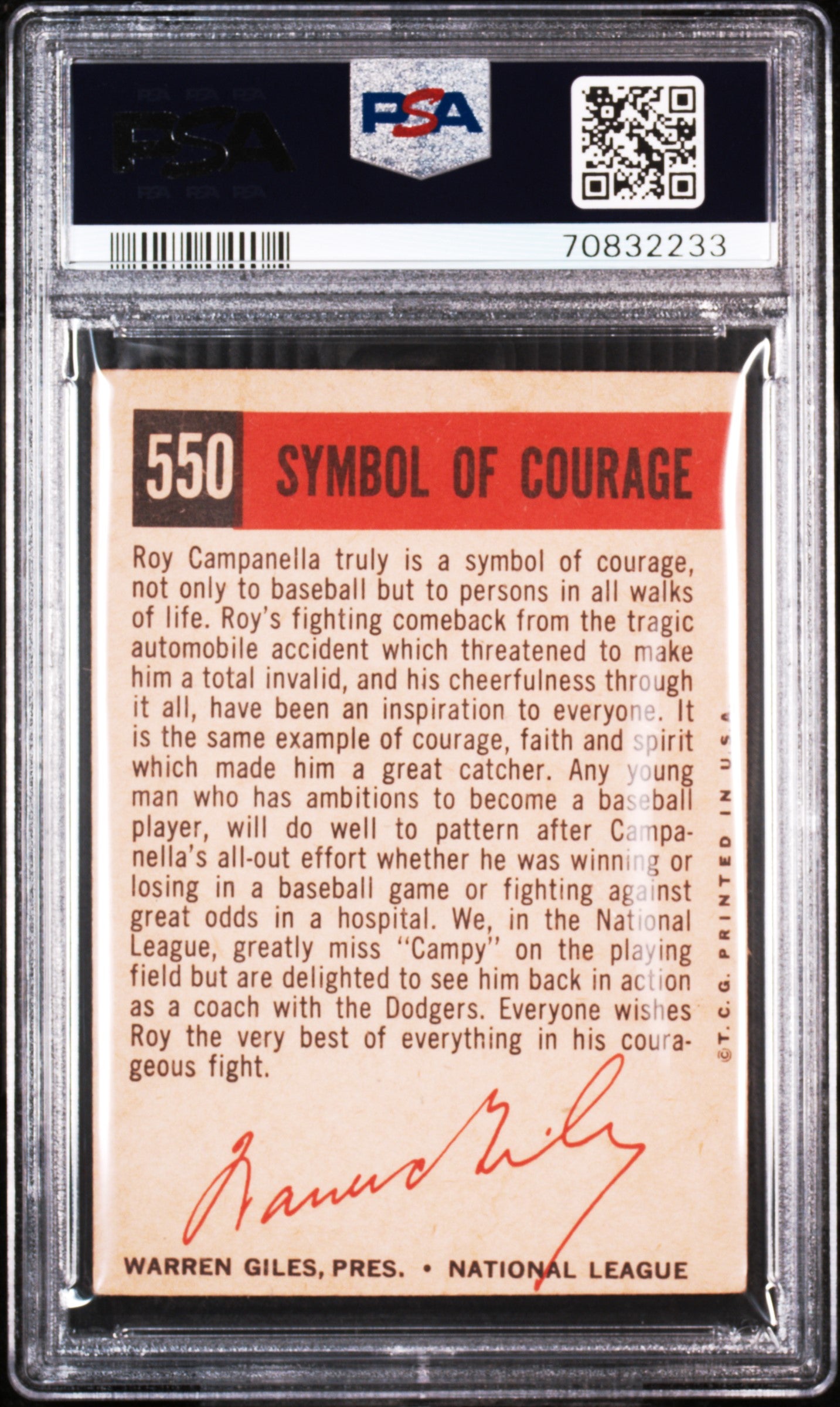 1959 Topps Roy Campanella/Symbol of Courage #550 PSA 4