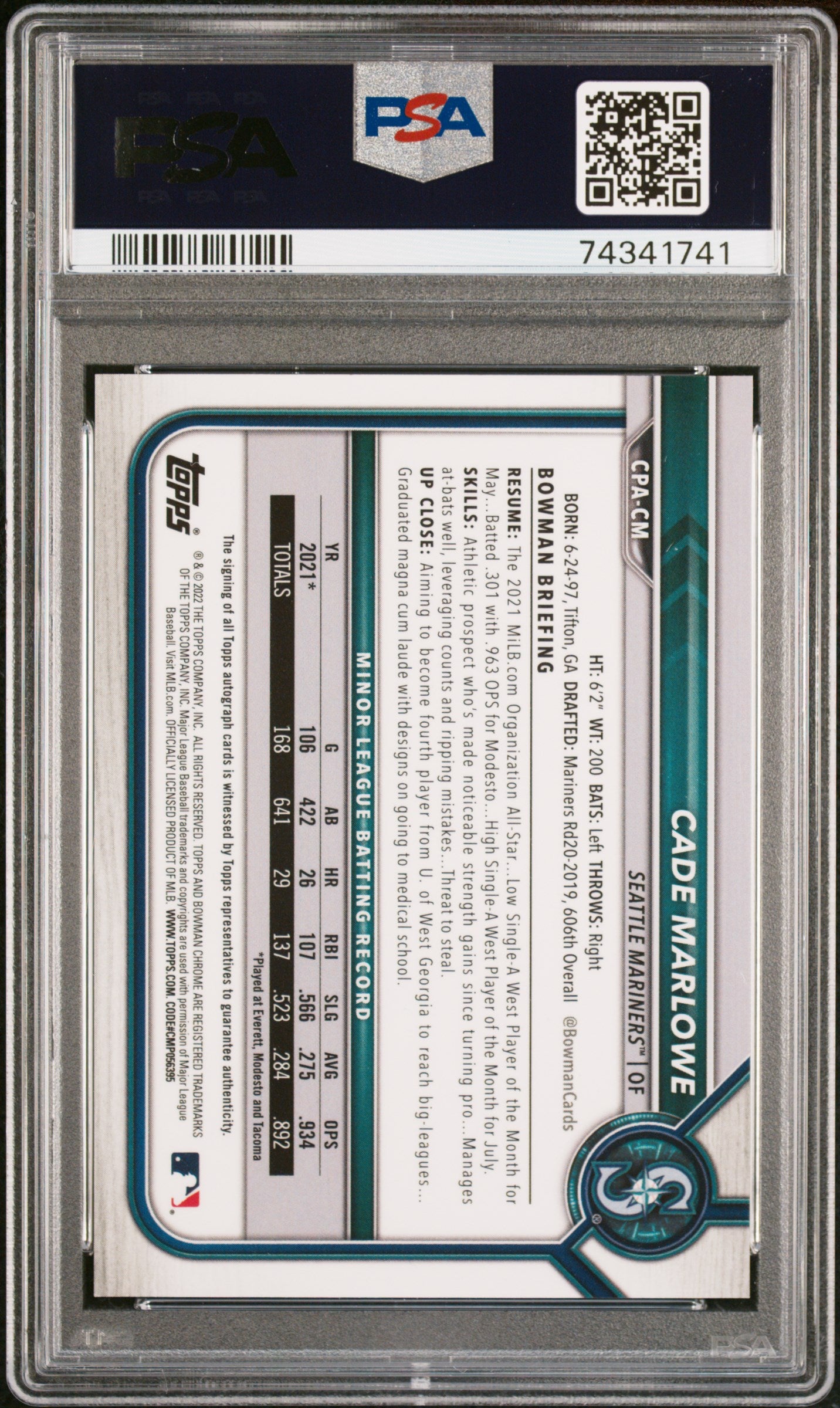 2022 Bowman Chrome #CPACM Prospect Autographs Cade Marlowe PSA 10