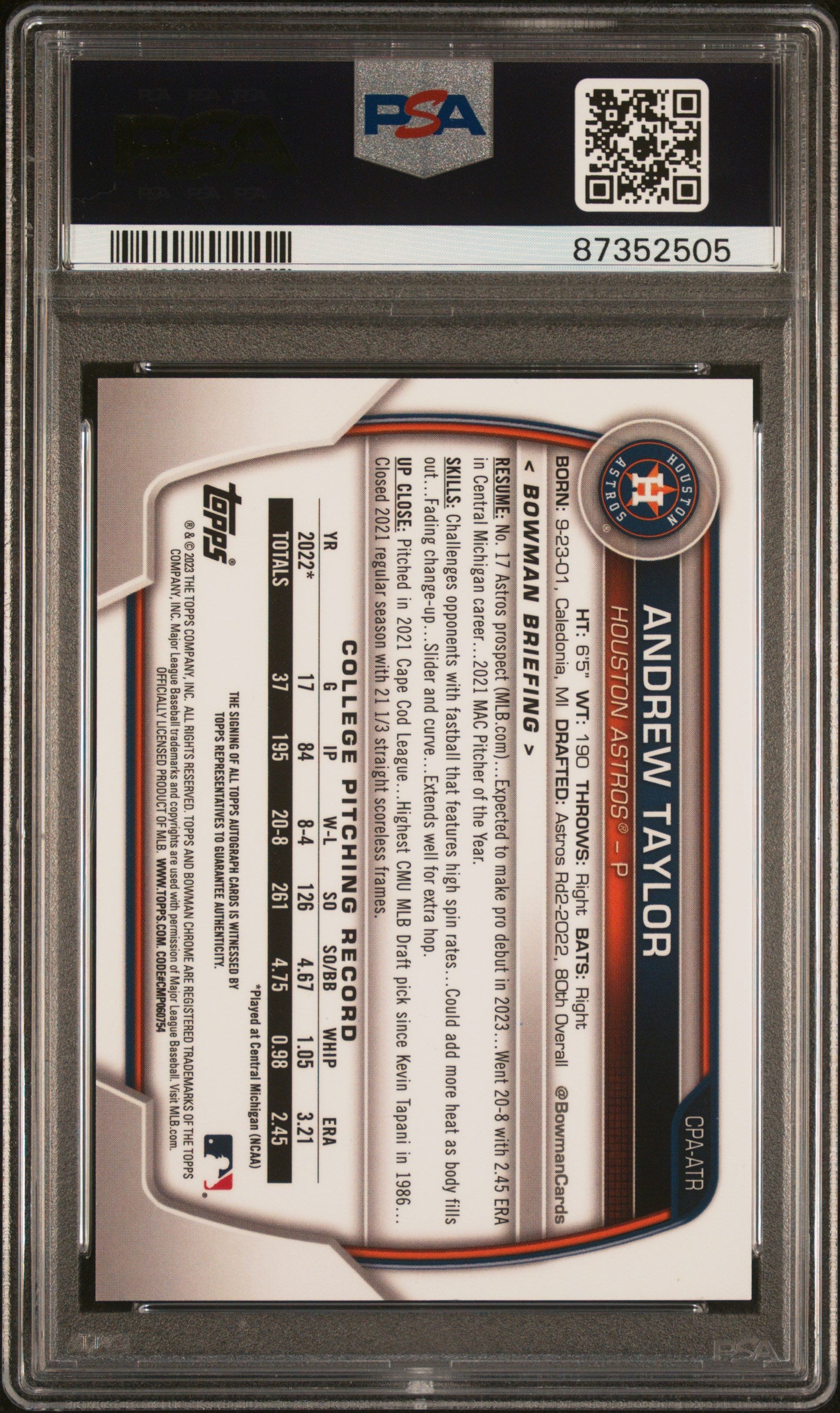 2023 Bowman #CPAATR Andrew Taylor Chrome Prospect Autograph Blue Lunar Crater Refractor /150 PSA 10