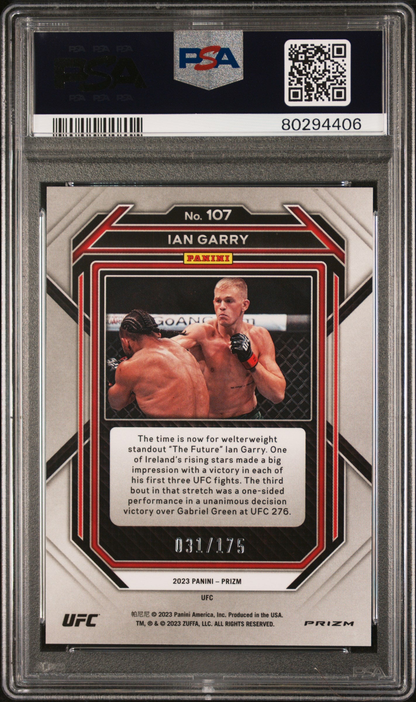 2023 Panini Prizm UFC Blue Prizm Ian Garry /175 #107 PSA 10