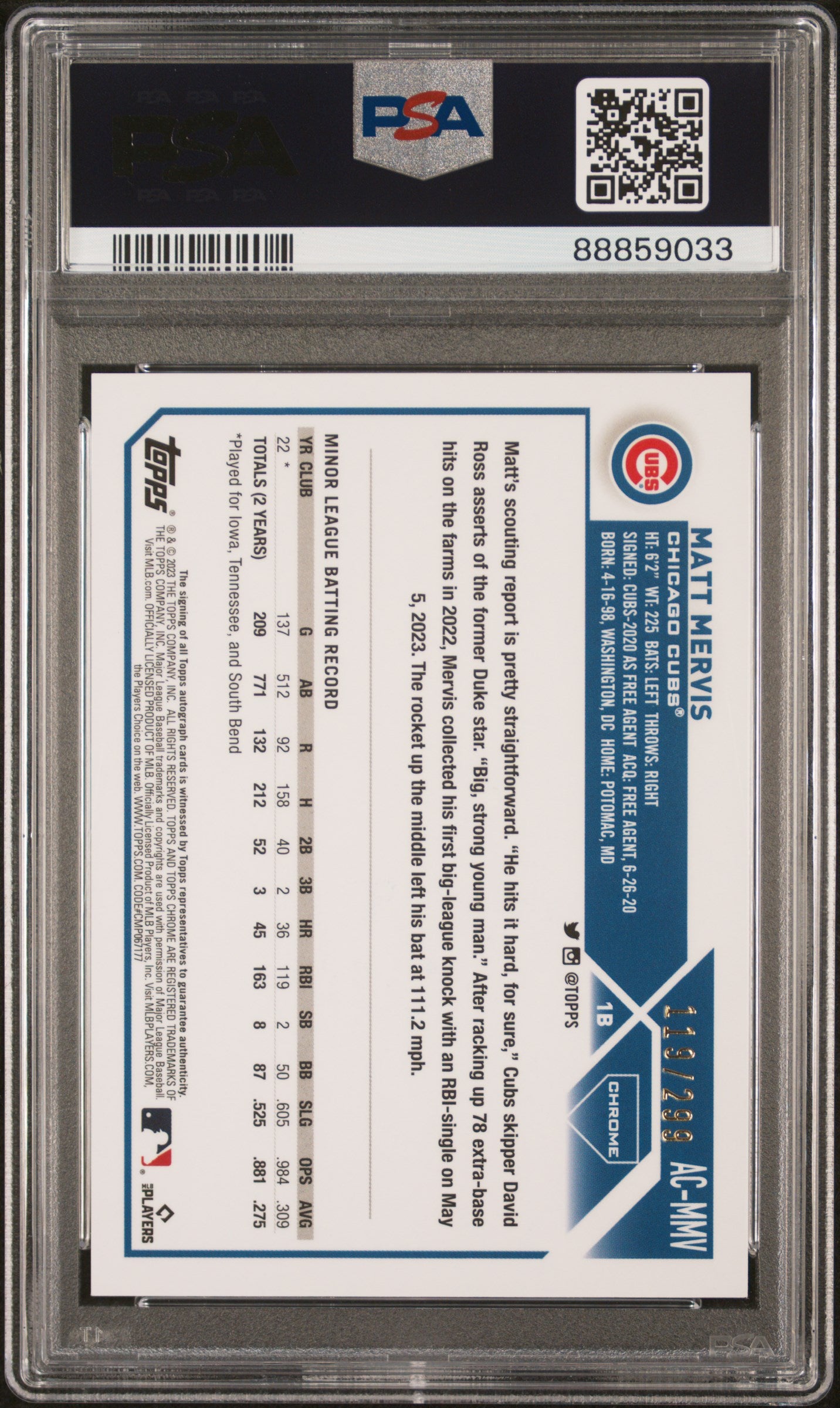 2023 Topps Chrome Update Purple Speckle Matt Mervis #ACMMV RC Auto /199 PSA 10