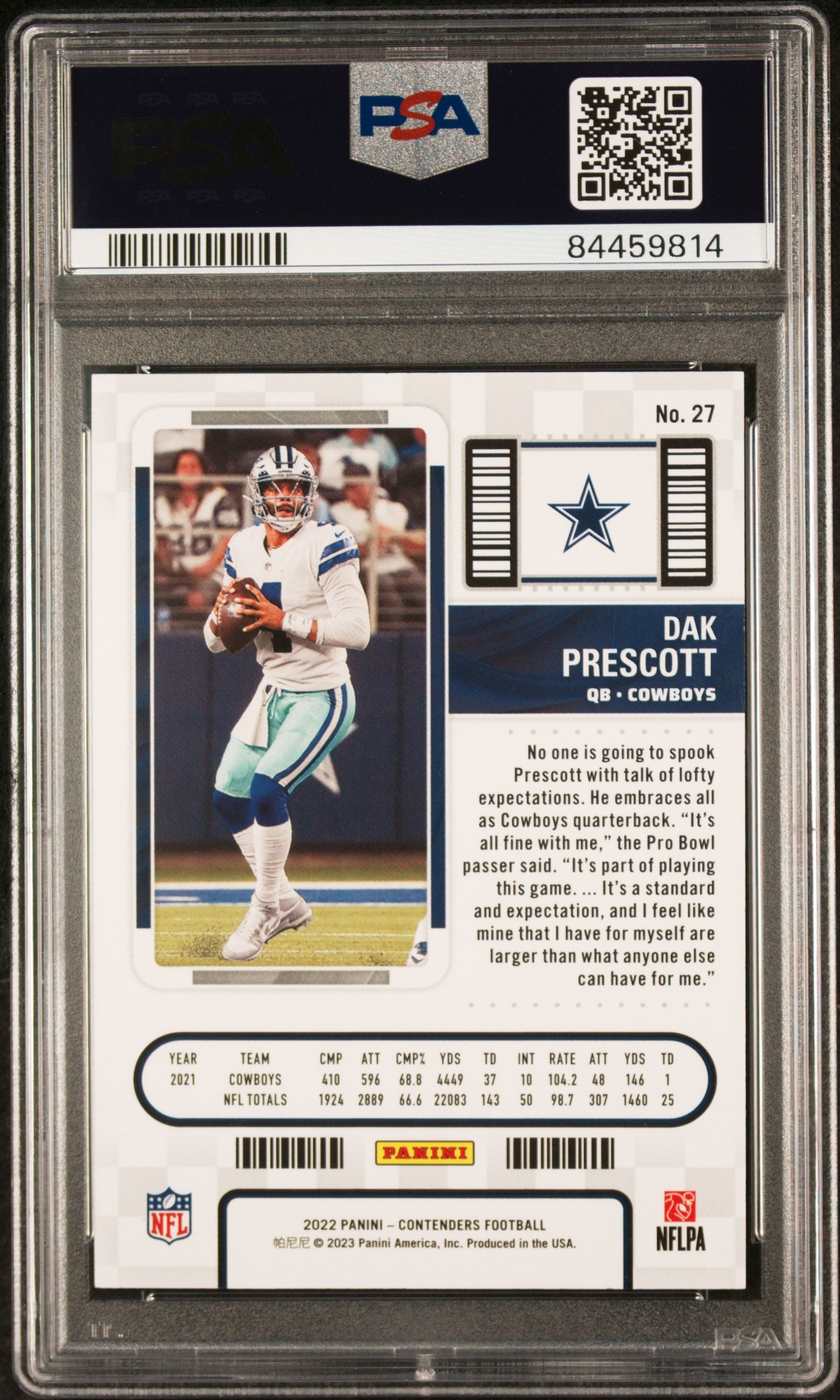 2022 Panini Contenders #27 Dak Prescott Championship Ticket /99 PSA 9