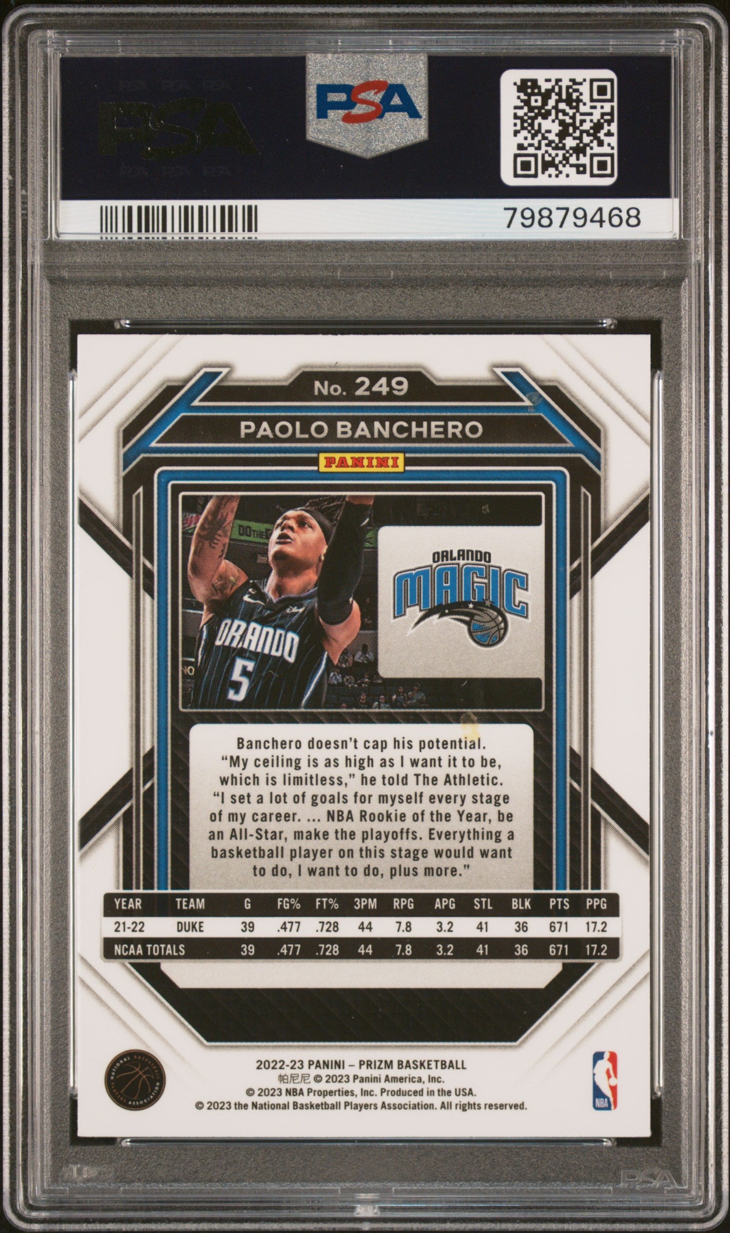 2022 Panini Prizm Paolo Banchero #249 RC PSA 9