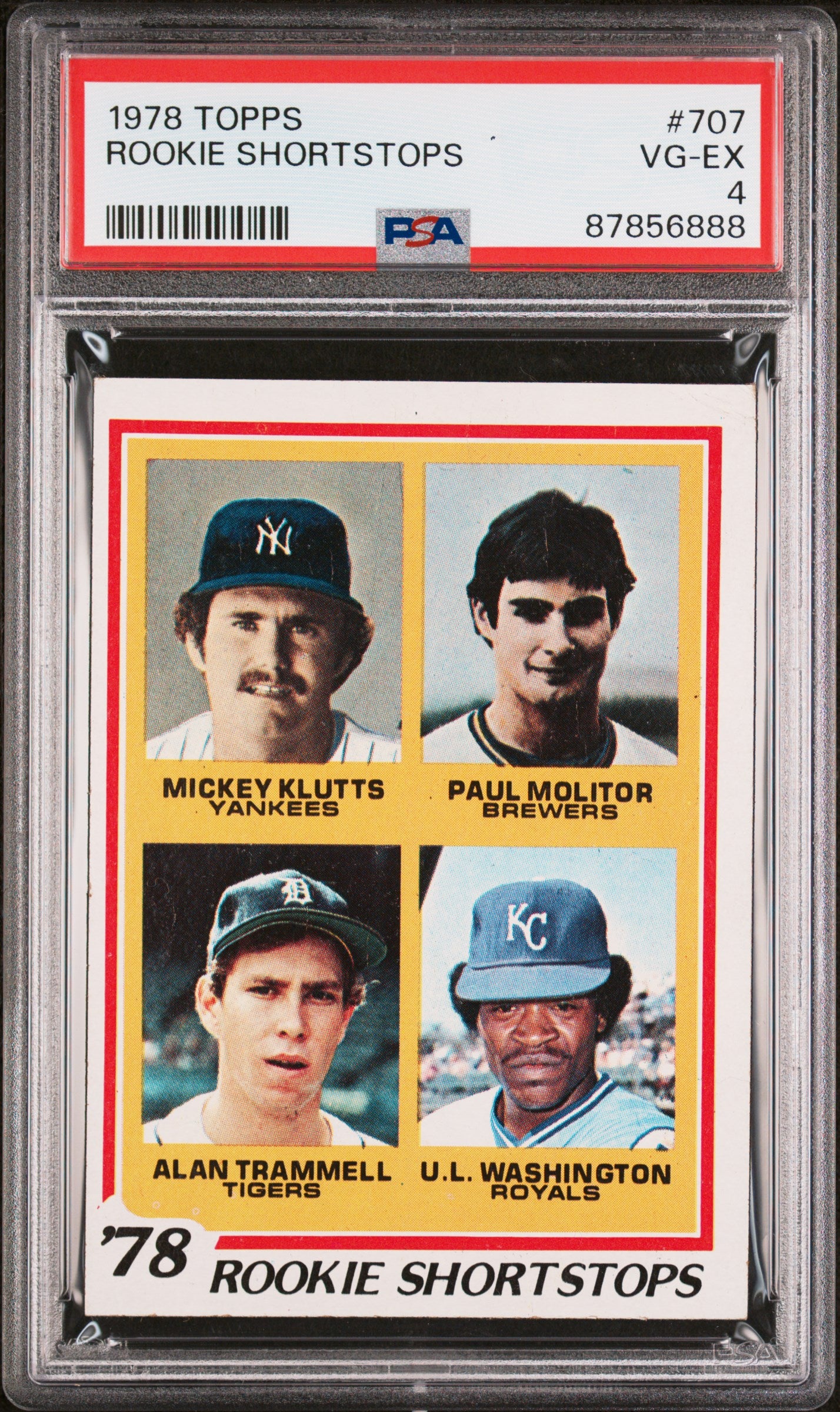 1978 Topps #707 Mickey Klutts/Paul Molitor/Alan Trammell/Ul Washington Rookie Shortstops PSA 4