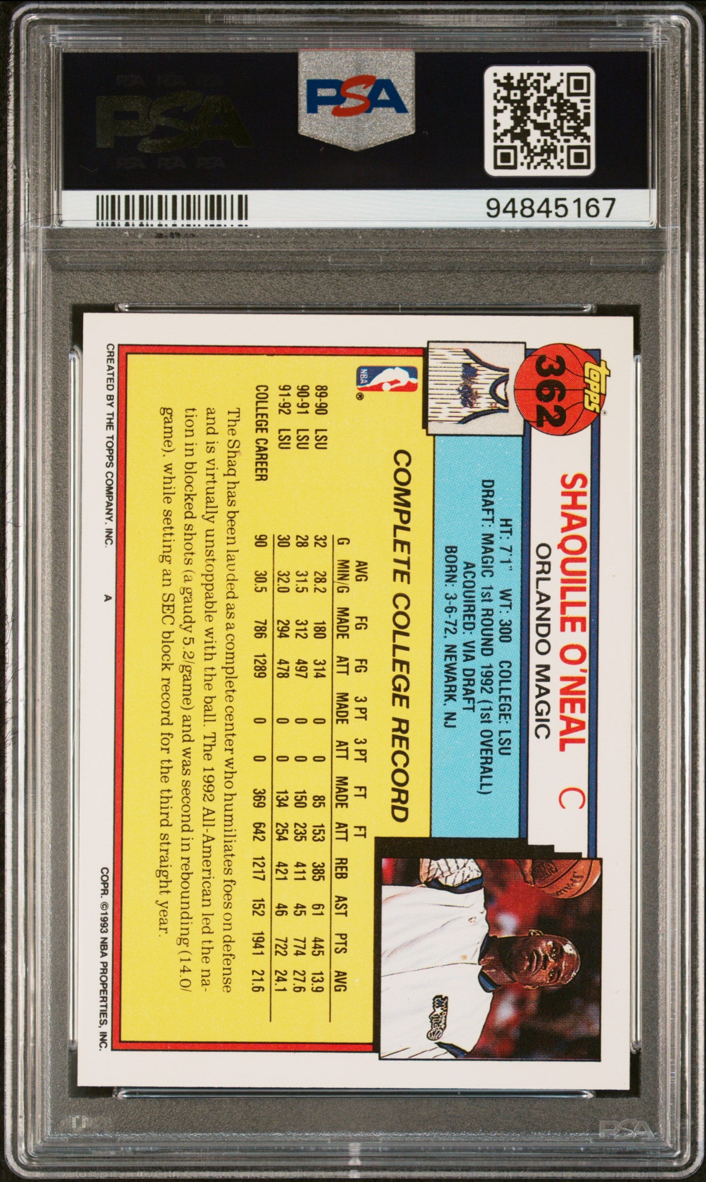 1992 Topps Shaquille O'Neal #362 PSA 9