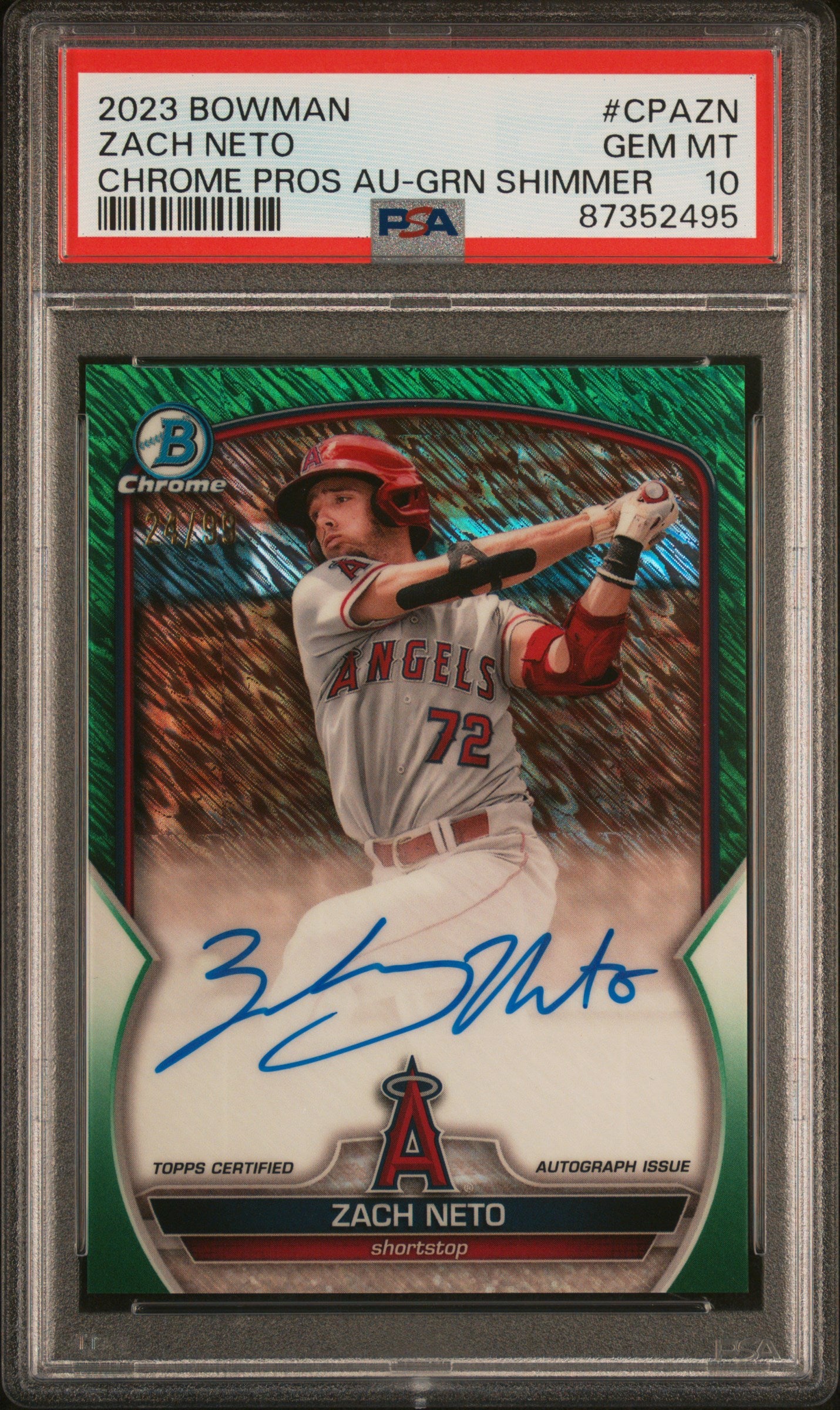 2023 Bowman Chrome Prospect Autographs Green Shimmer Zach Neto /99 PSA 10