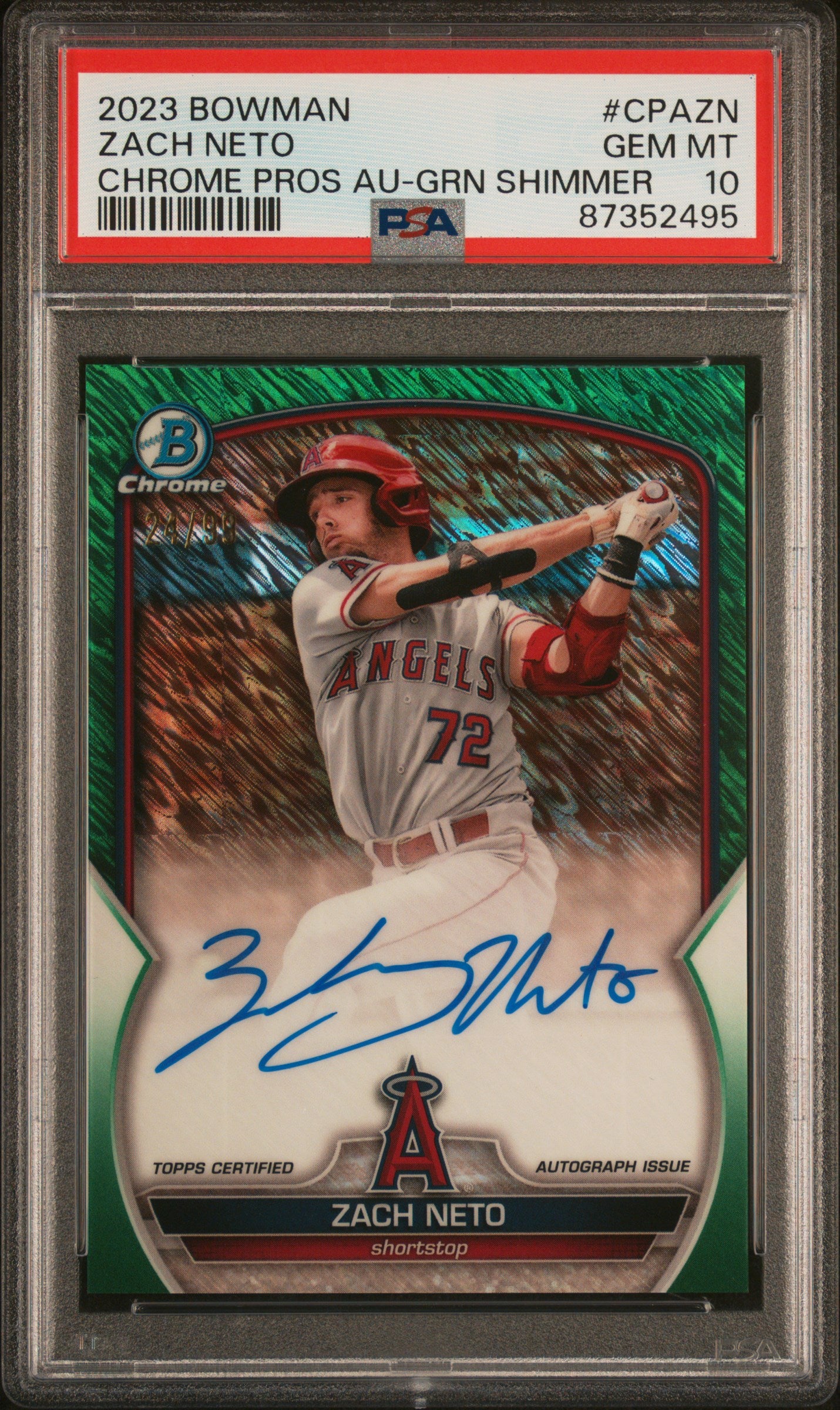 2023 Bowman Chrome Green Shimmer Refractor Zach Neto #CPA-ZN Auto /99 PSA 10