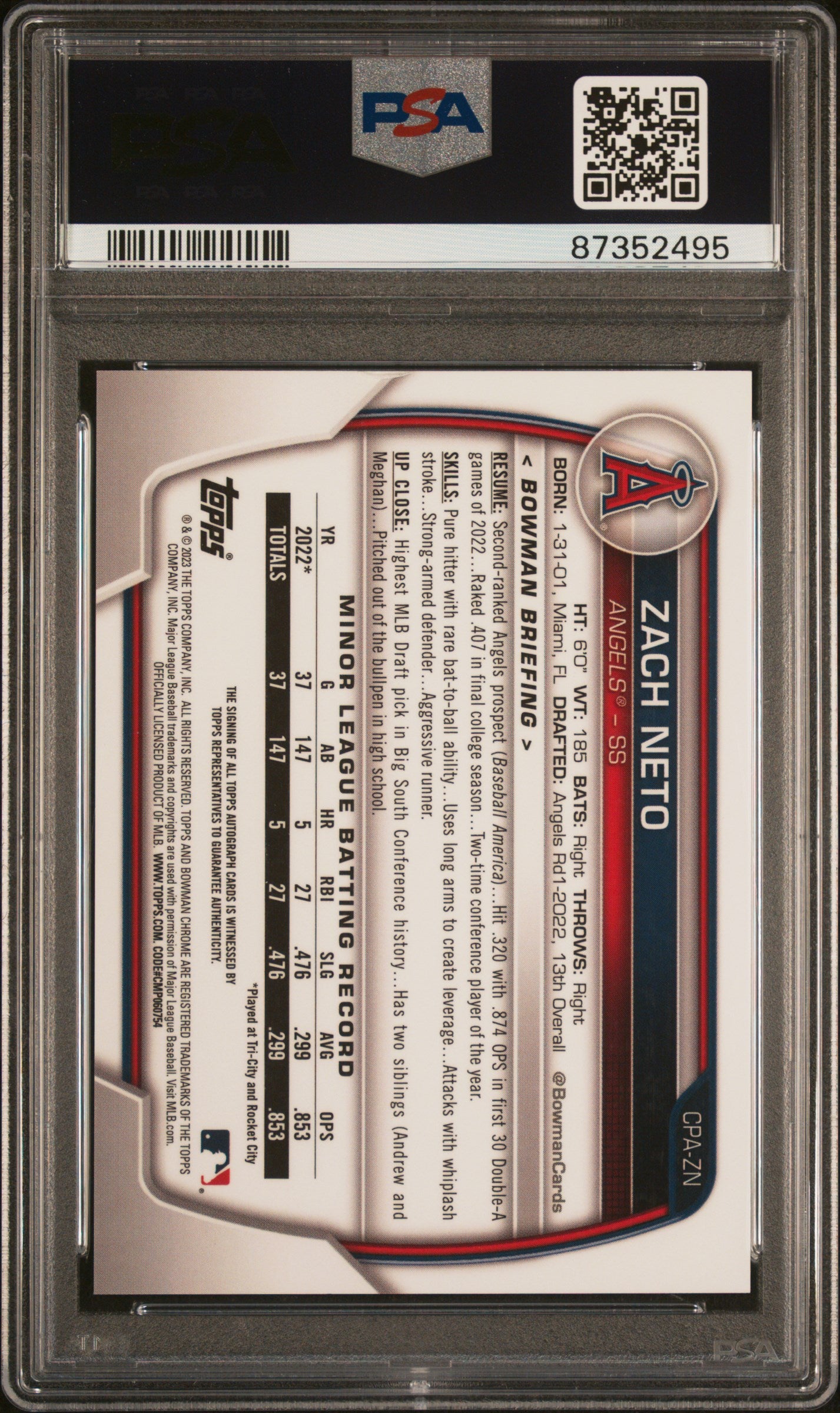 2023 Bowman Chrome Green Shimmer Refractor Zach Neto #CPA-ZN Auto /99 PSA 10