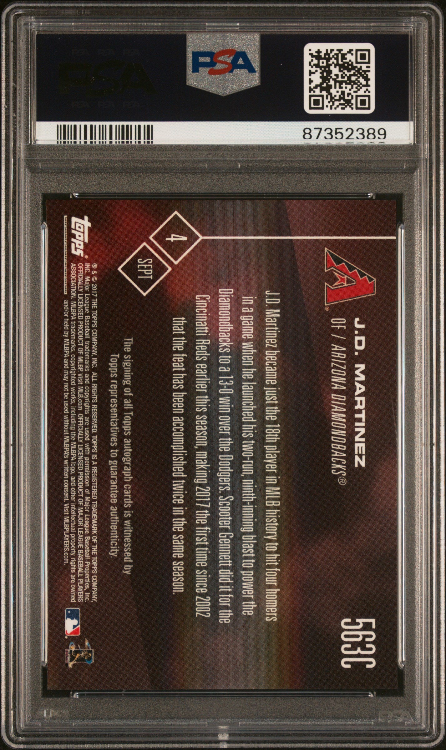 2017 Topps Now Autograph-Purple J.D. Martinez #563C /25 PSA 9