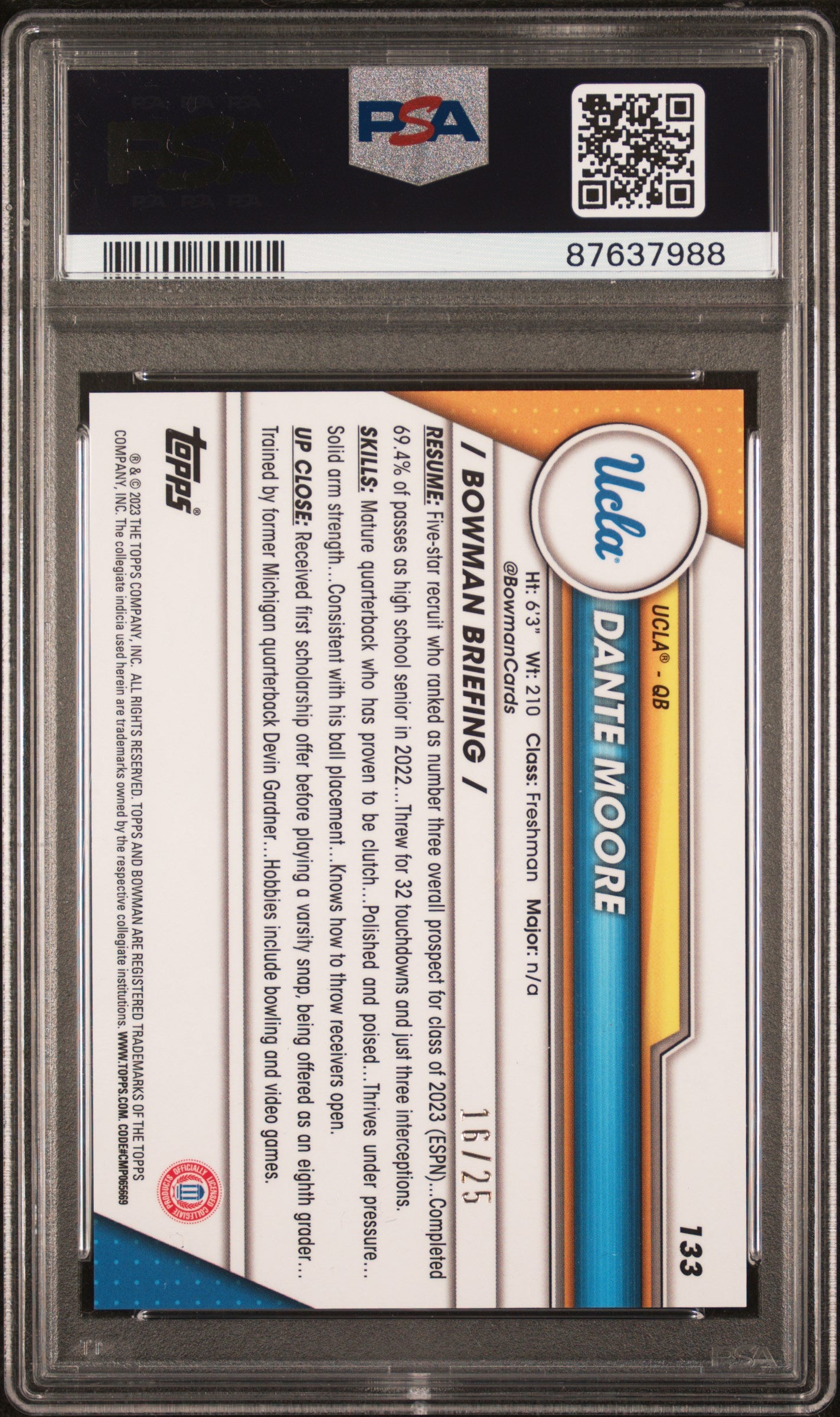 2023 Bowman University Chrome #133 Dante Moore Orange Surge PSA 10