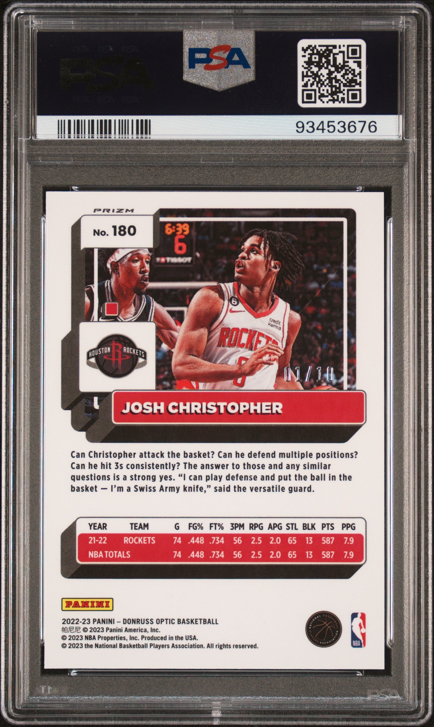 2022 Panini Donruss Optic Gold Wave Josh Christopher 01/10 #180 PSA 10