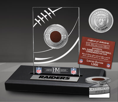 Highland Mint Las Vegas Raiders Game Used NFL Football Silver Plated Coin in Acrylic Display - Limited Edition /1,000