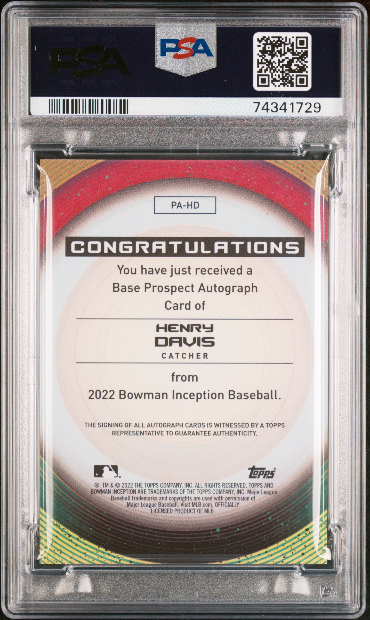 2022 Bowman Inception Prospect Autograph Blue Foil Henry Davis #PAHD /99 PSA 10