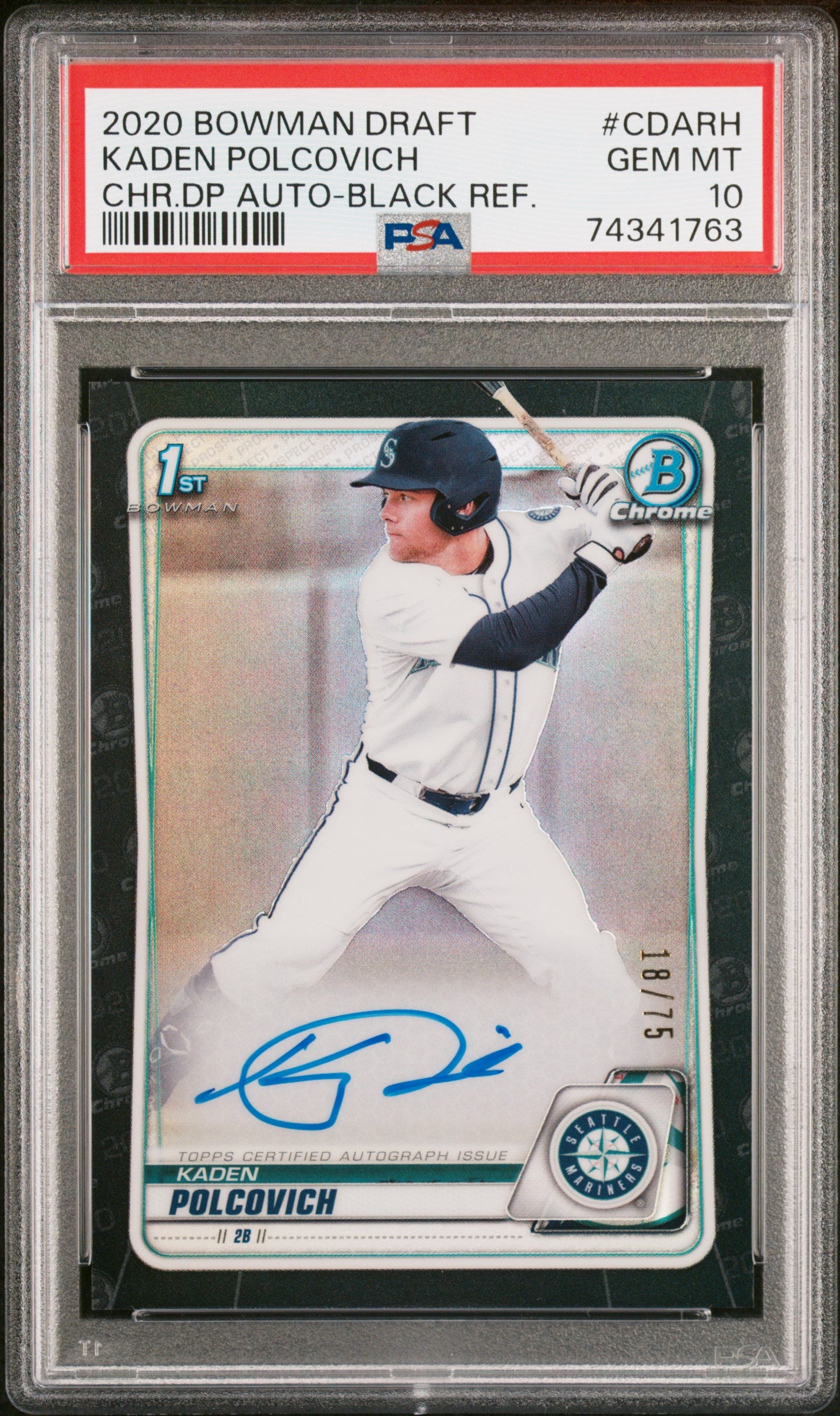 2020 Bowman Chrome Draft Picks Auto Kaden Polcovich Black Refractor /75 PSA 10