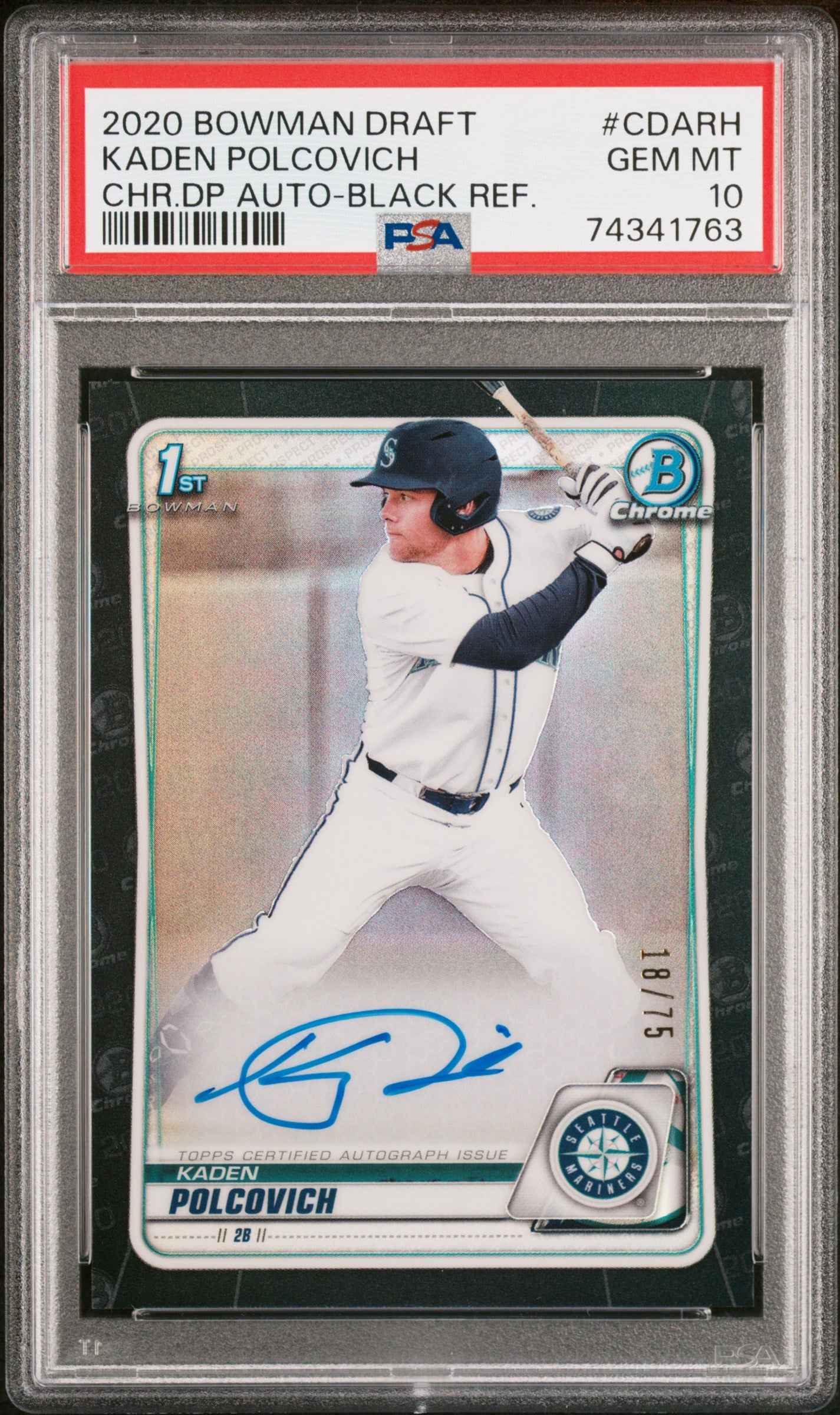 2020 Bowman Draft Black Refractor Kaden Polcovich #CDA-RH Auto /75 PSA 10