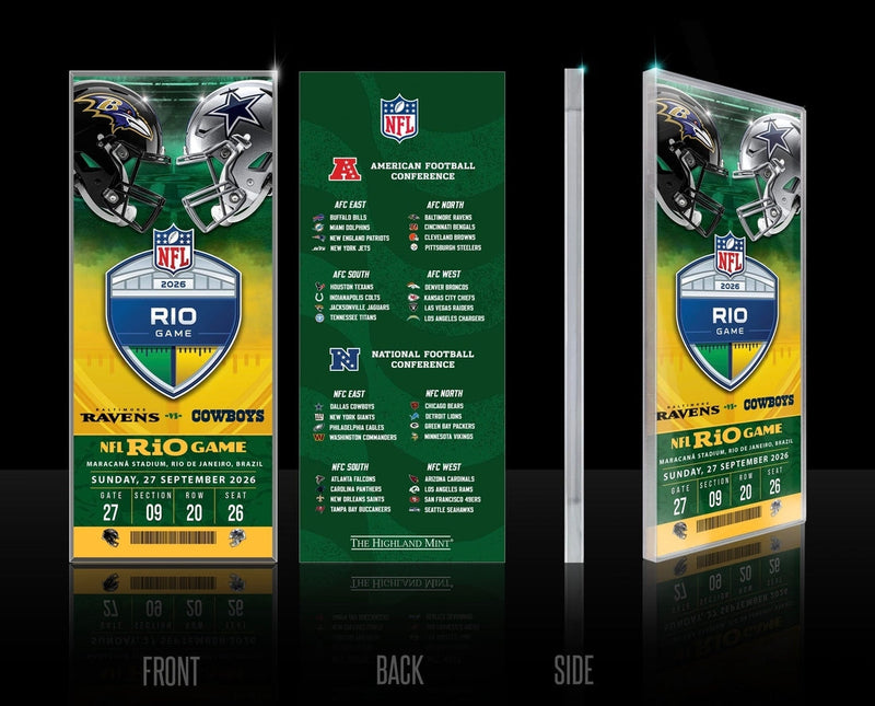 Highland Mint 2026 NFL International Games Ravens vs Cowboys Rio Acrylic Ticket
