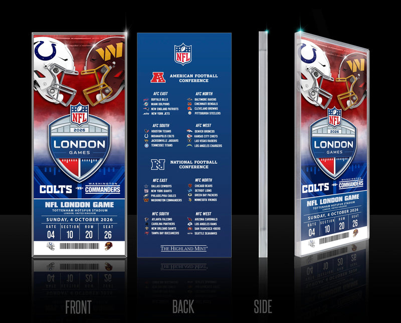 Highland Mint 2026 NFL International Games Commanders vs Colts London Acrylic Ticket