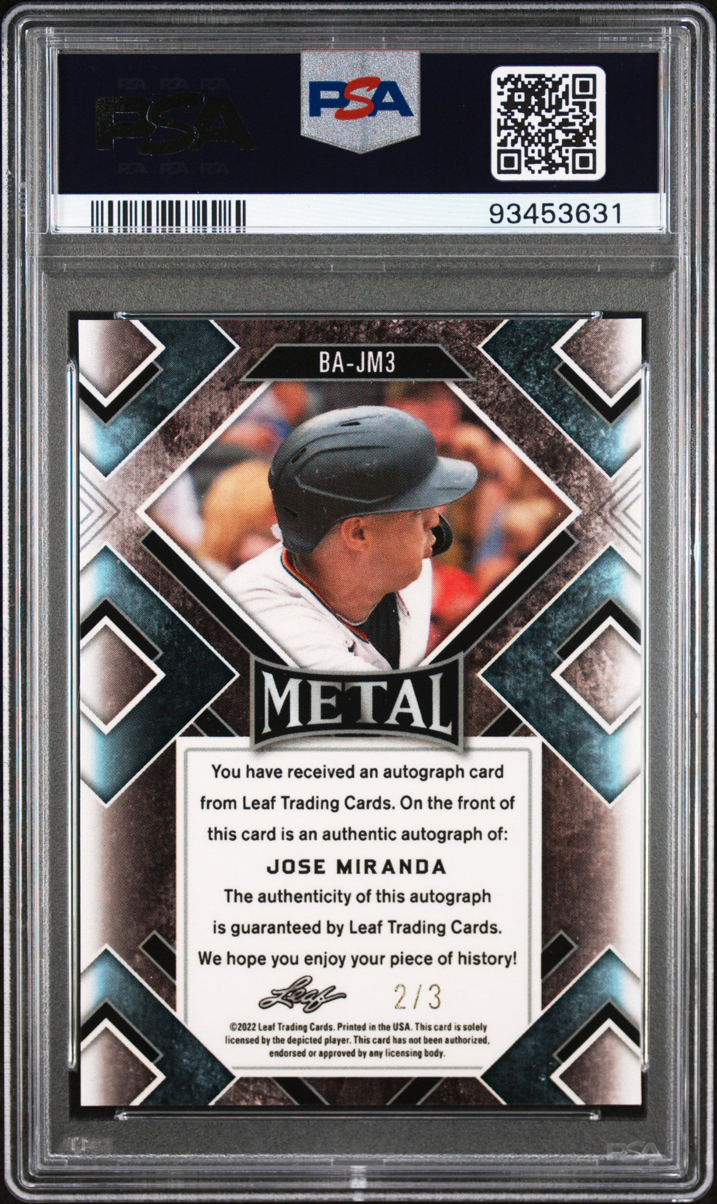 2022 Leaf Metal Autographs Auto-Snakeskin Prismatic Jose Miranda 2/3 PSA 10