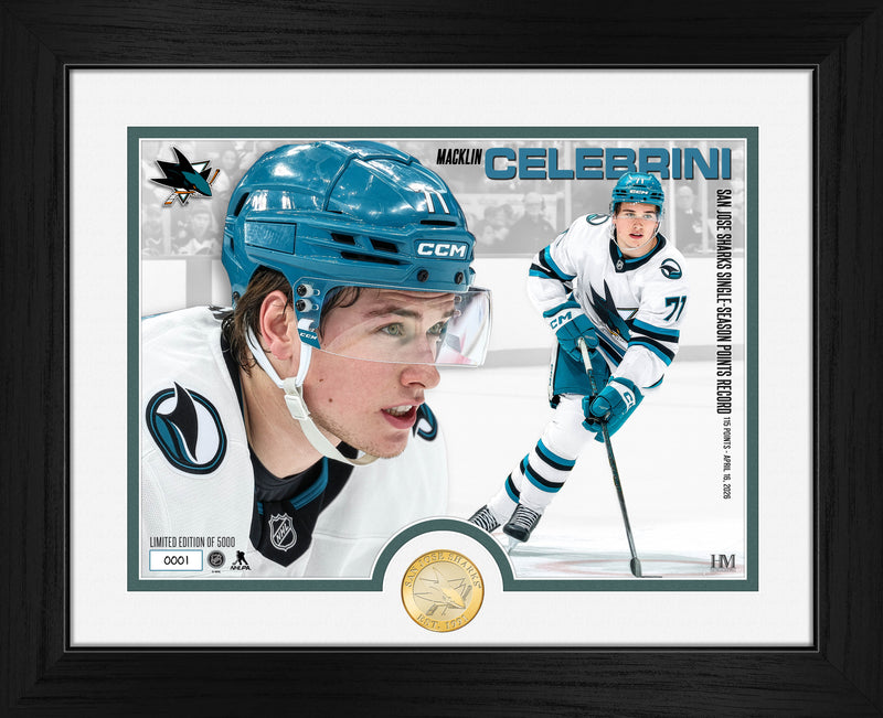 Highland Mint Macklin Celebrini San Jose Sharks Single-Season Points Record Bronze Coin Photo Mint - Limited Edition /5,