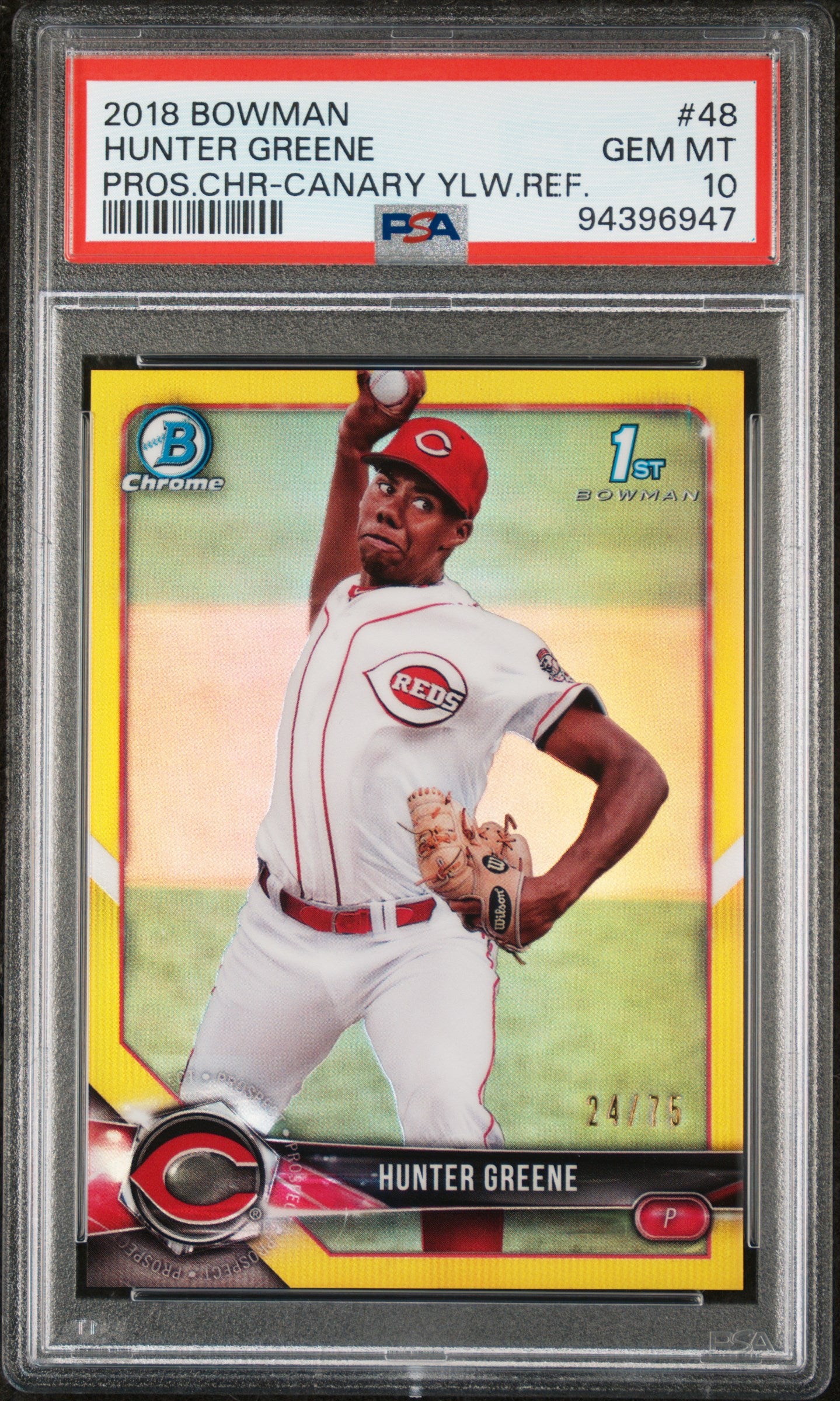 2018 Bowman Pros. Chrome Canary Yellow Refractor Hunter Greene /75 #48 PSA 10